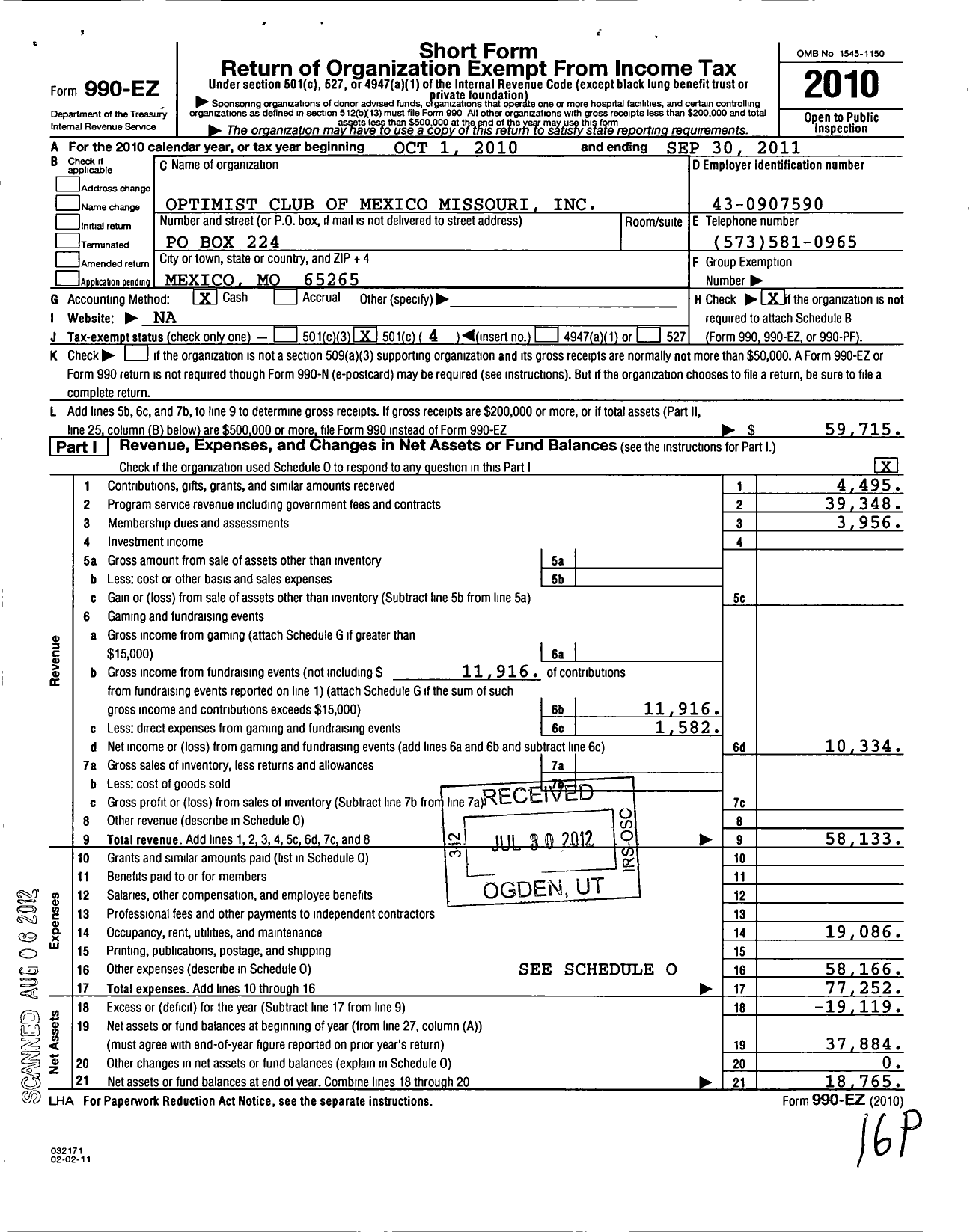 Image of first page of 2010 Form 990EO for Optimist International - 30272 Oc of Mexico Mo