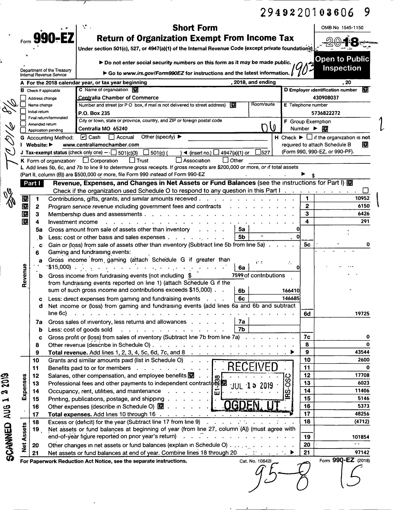 Image of first page of 2018 Form 990EO for Centralia Chamber of Commerce