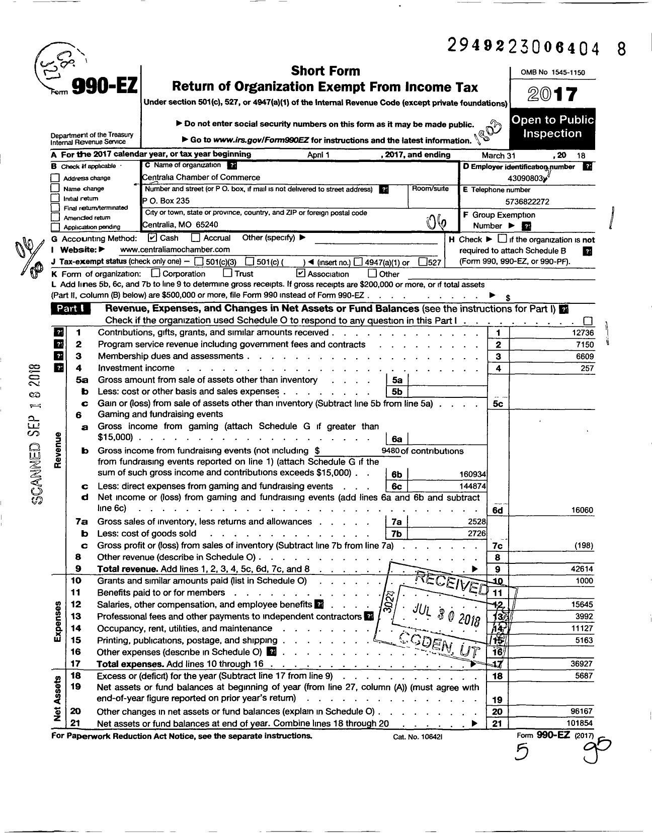 Image of first page of 2017 Form 990EO for Centralia Chamber of Commerce