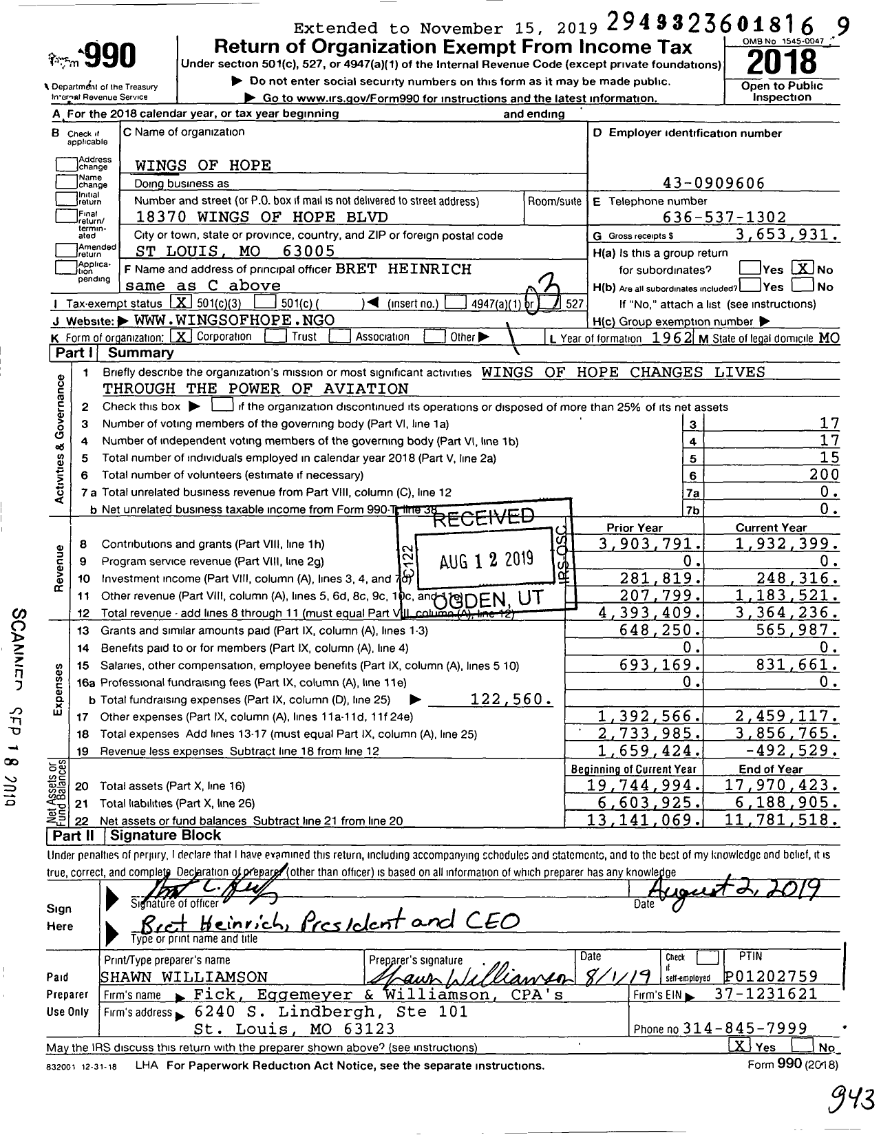 Image of first page of 2018 Form 990 for Wings of Hope