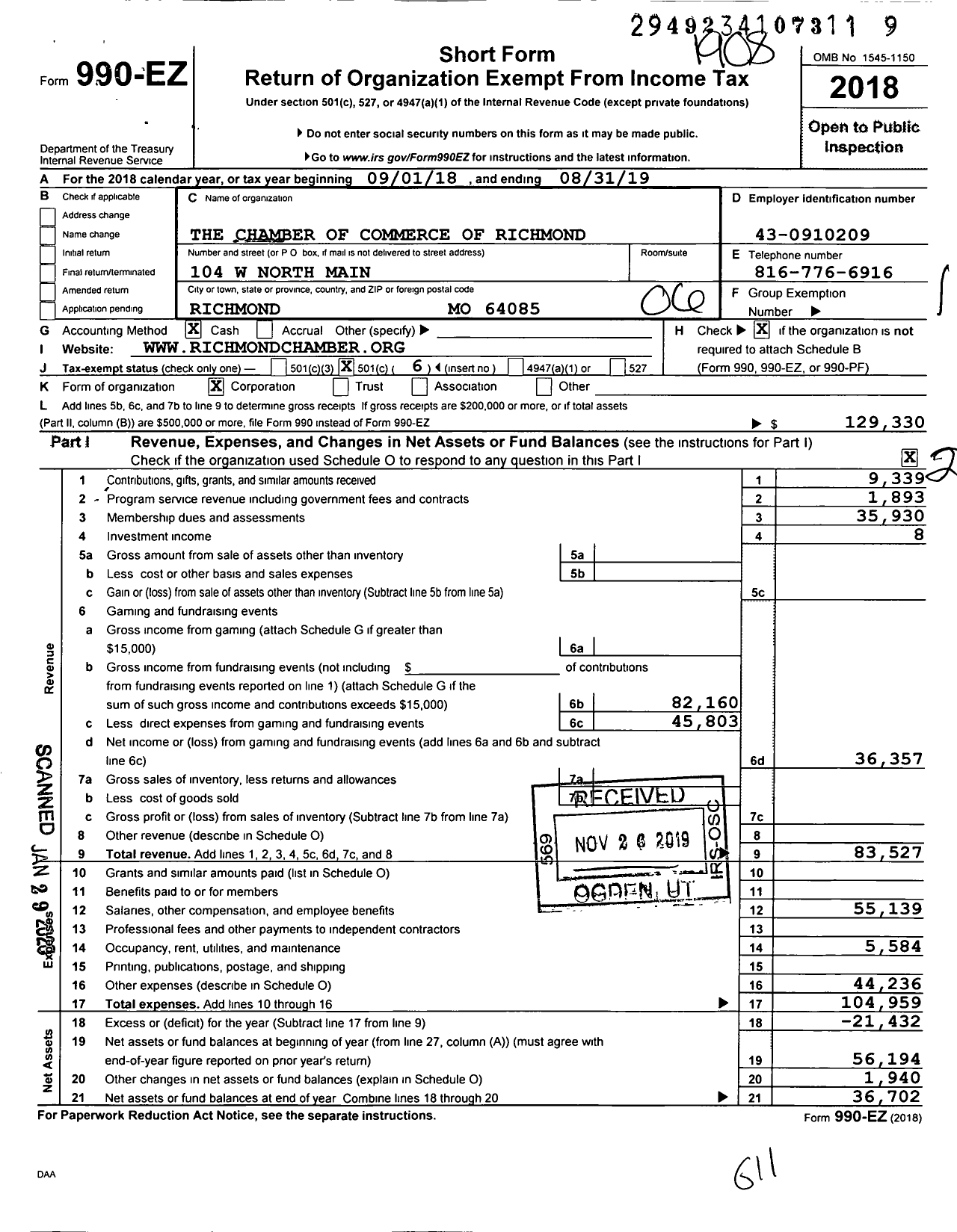 Image of first page of 2018 Form 990EO for The Chamber of Commerce of Richmond