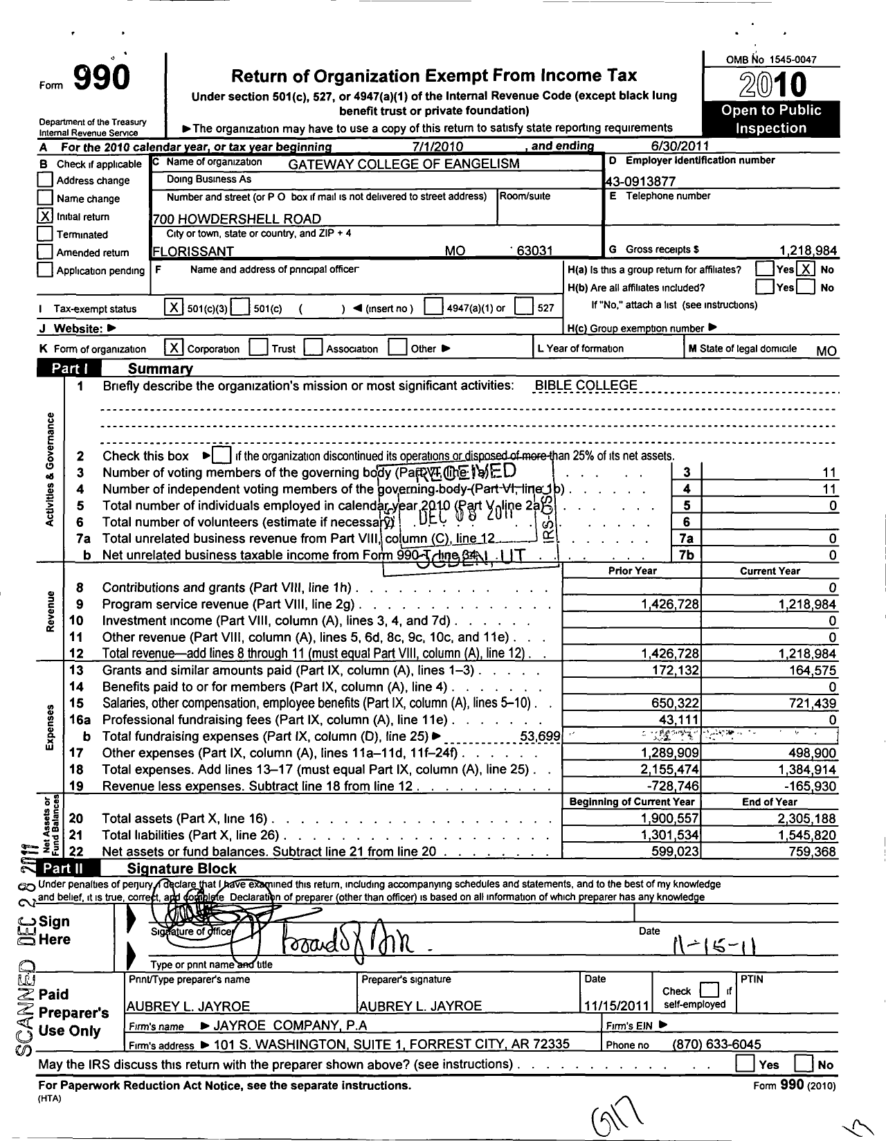 Image of first page of 2010 Form 990 for Gateway College of Evangelism