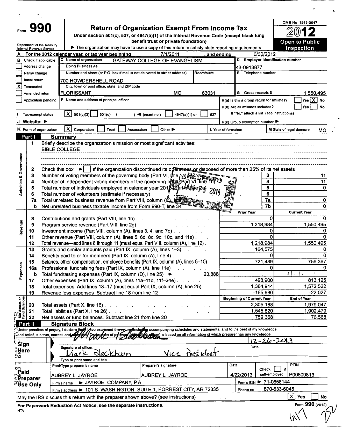 Image of first page of 2011 Form 990 for Gateway College of Evangelism