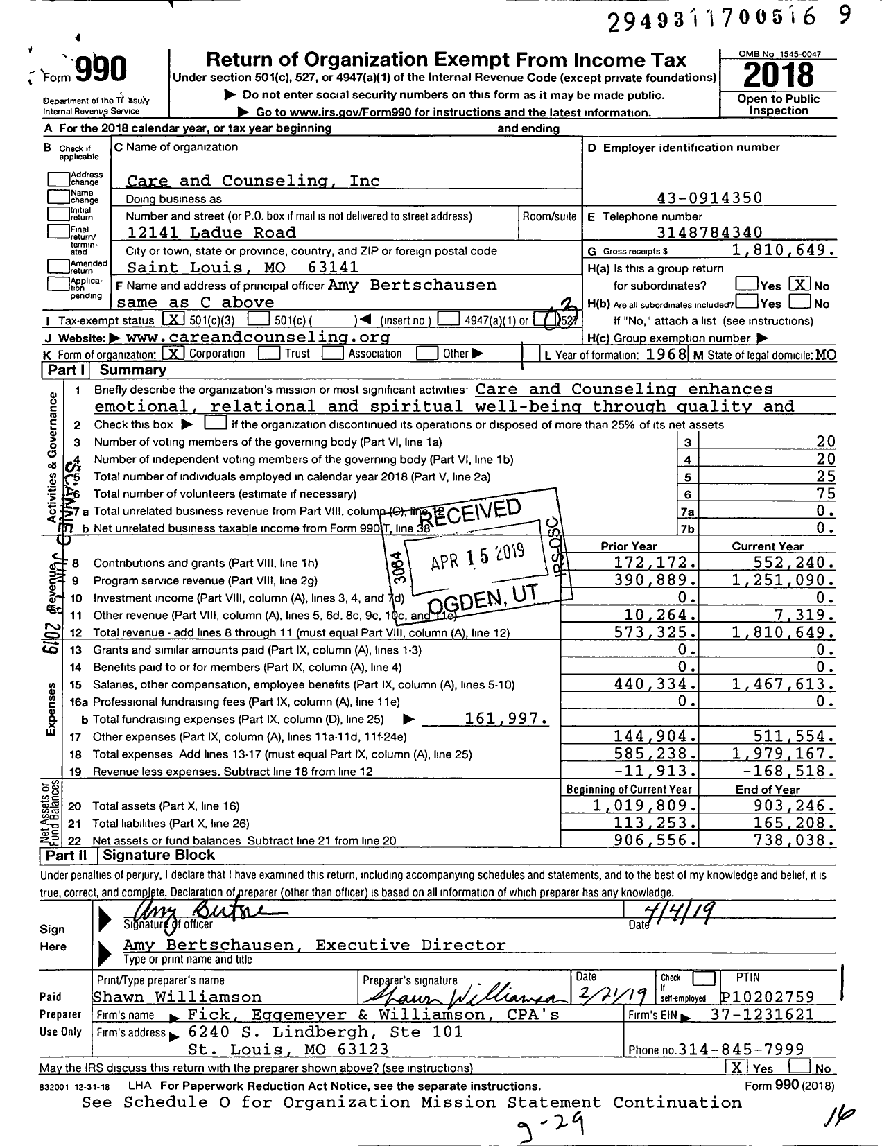 Image of first page of 2018 Form 990 for Care and Counseling