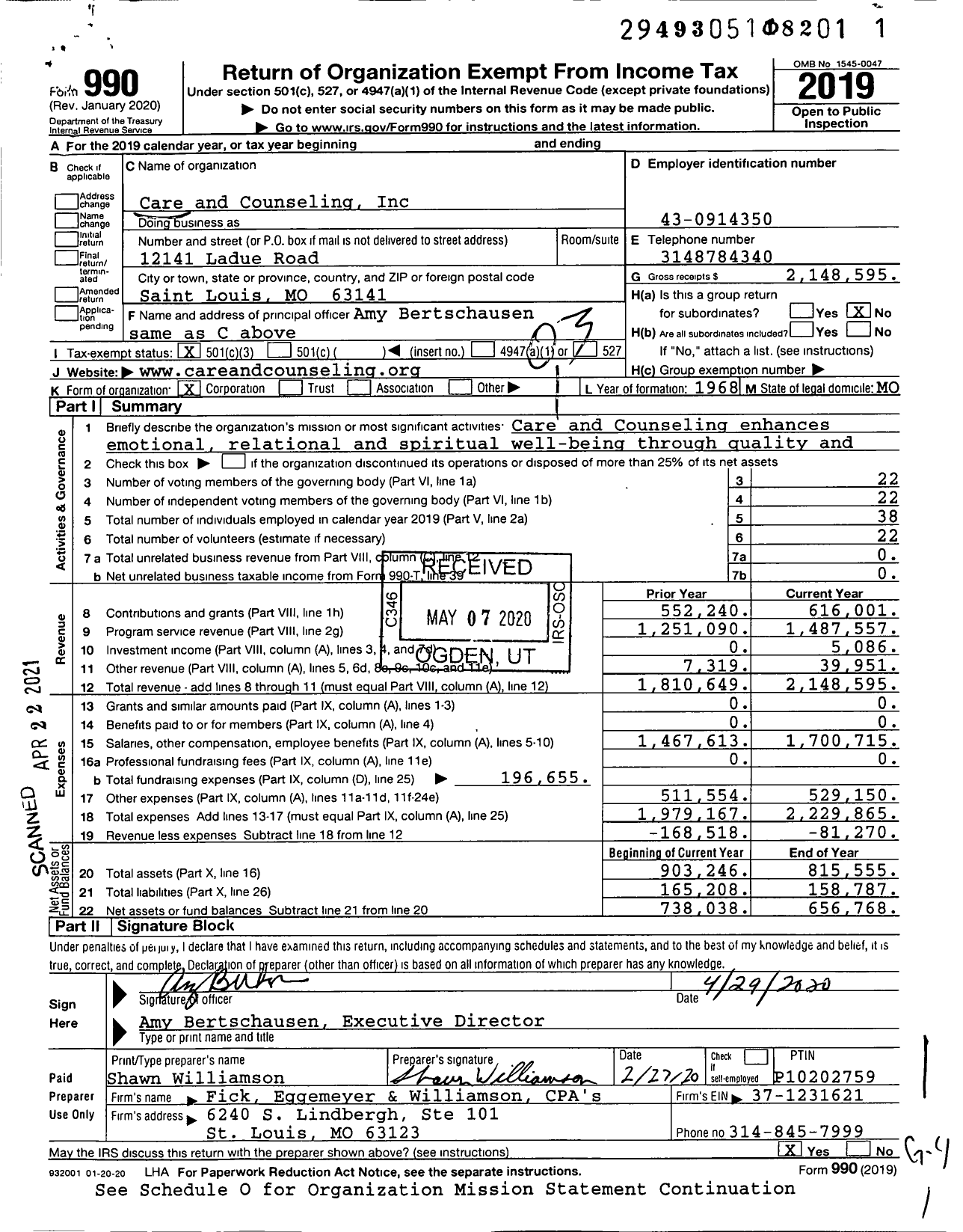 Image of first page of 2019 Form 990 for Care and Counseling