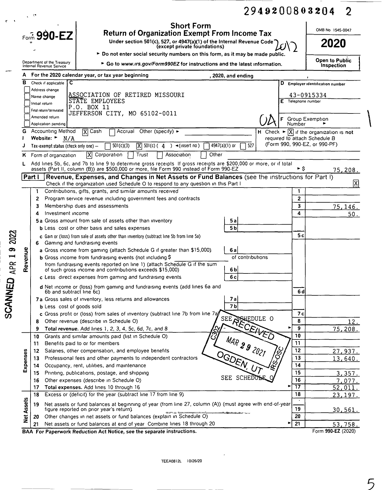 Image of first page of 2020 Form 990EO for Association of Retired Missouri State Employees