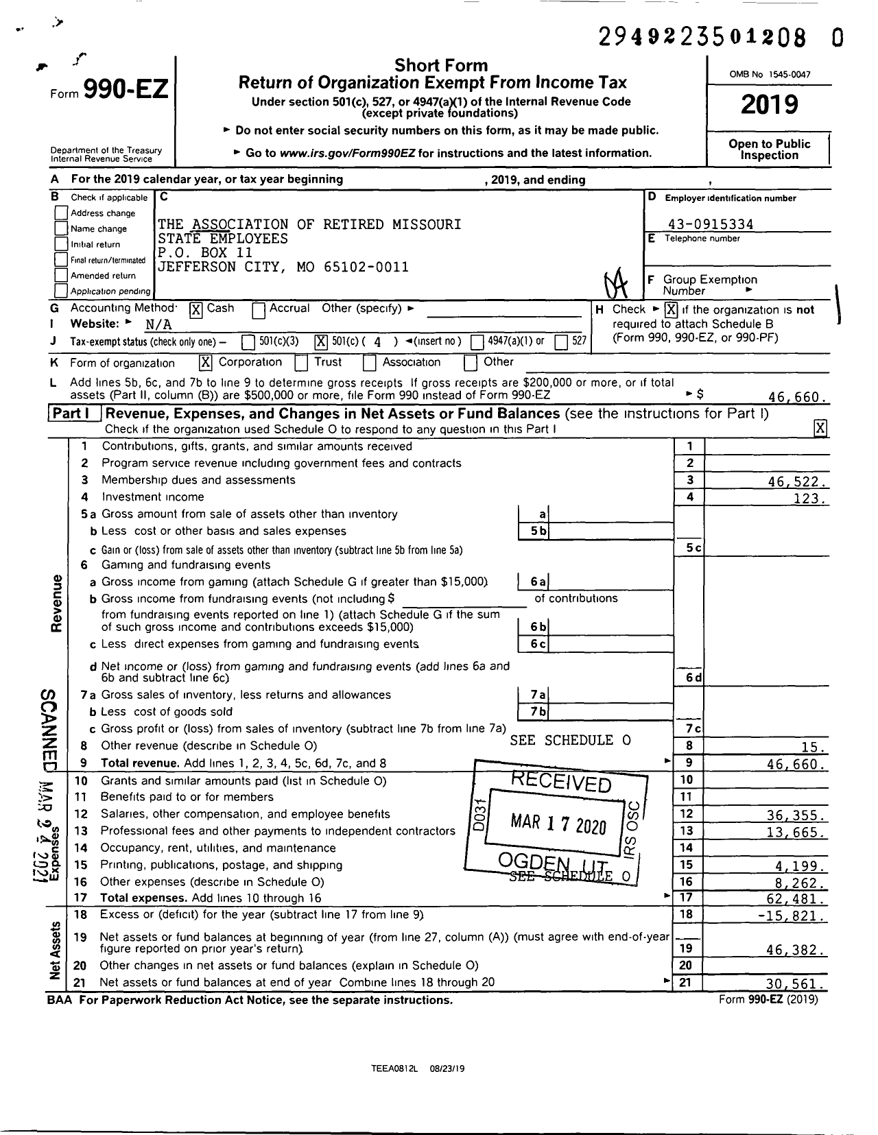 Image of first page of 2019 Form 990EO for Association of Retired Missouri State Employees