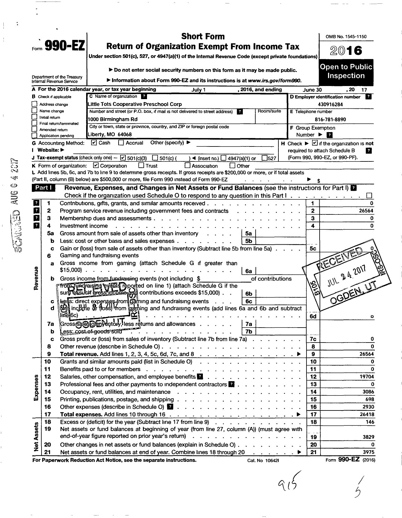 Image of first page of 2016 Form 990EZ for Little Tots Cooperative Preschool Corporation