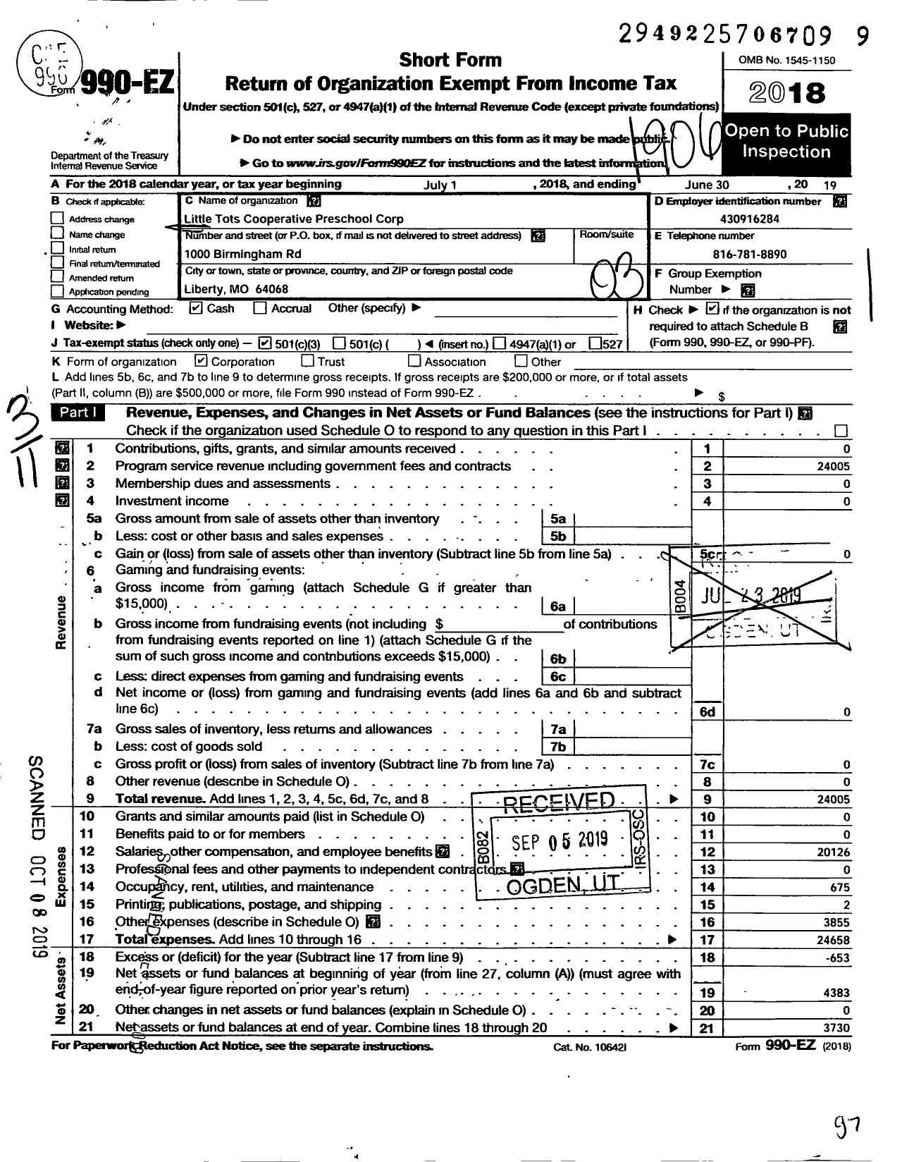 Image of first page of 2018 Form 990EZ for Little Tots Cooperative Preschool Corporation