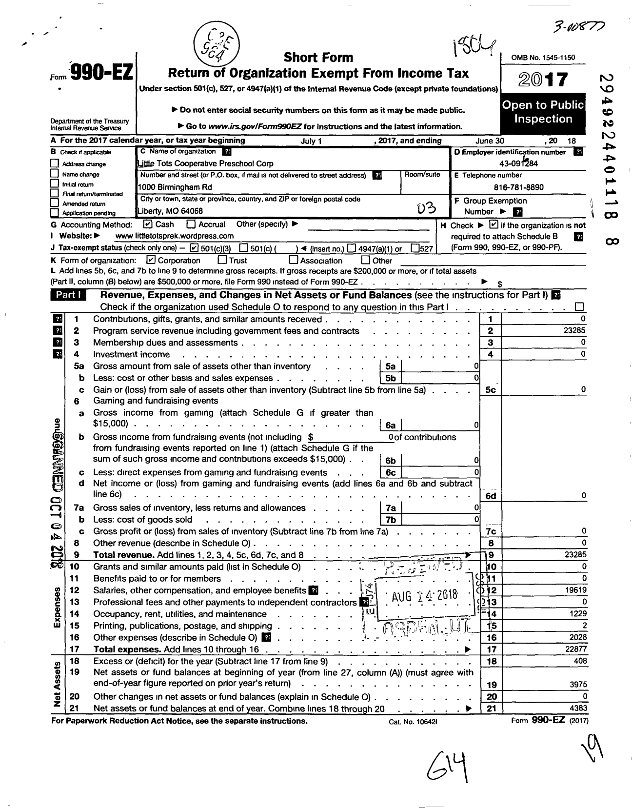 Image of first page of 2017 Form 990EZ for Little Tots Cooperative Preschool Corporation