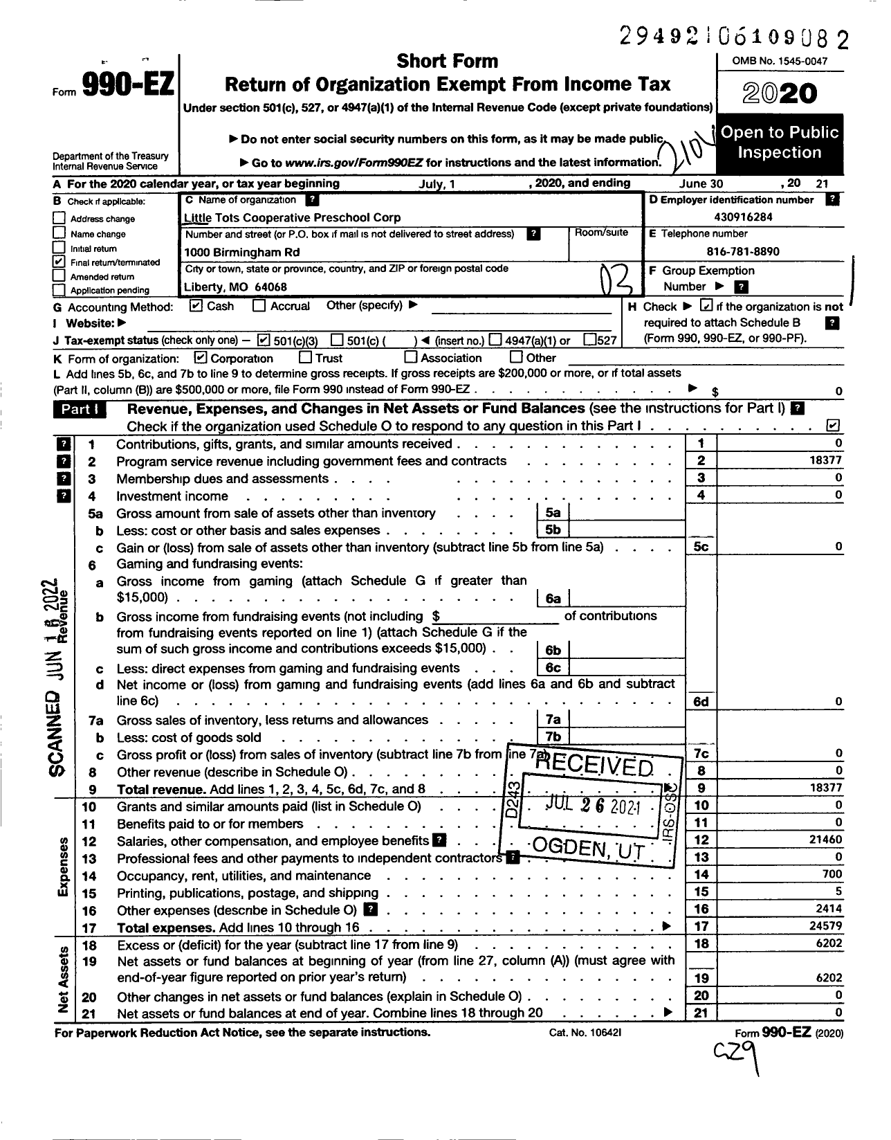 Image of first page of 2020 Form 990EZ for Little Tots Cooperative Preschool Corporation