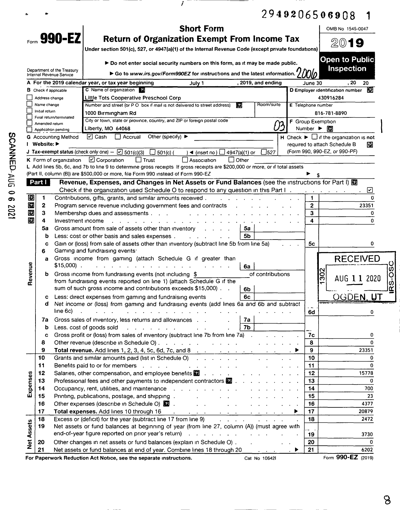 Image of first page of 2019 Form 990EZ for Little Tots Cooperative Preschool Corporation