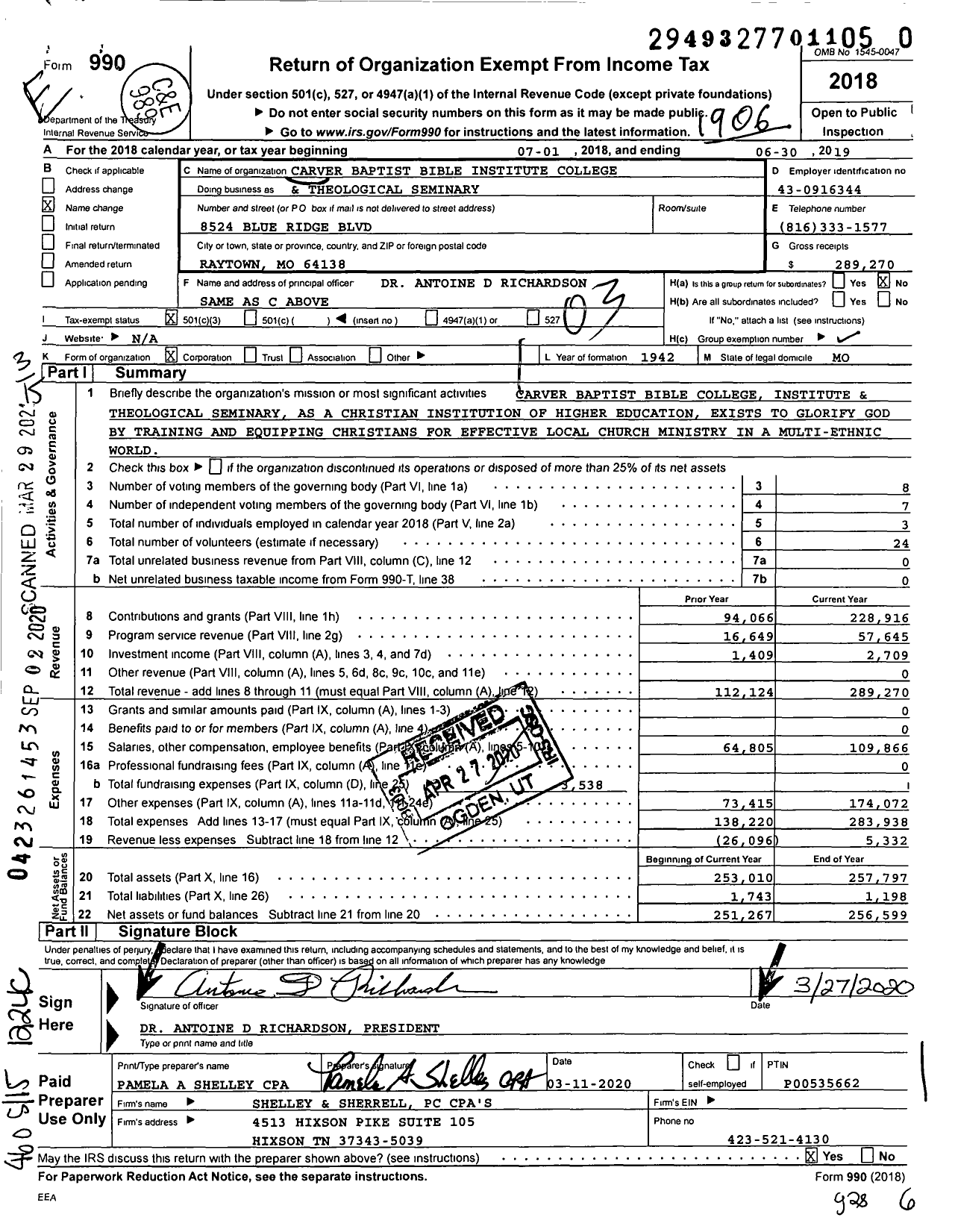 Image of first page of 2018 Form 990 for Carver Baptist Bible Institute College and Theological Seminary