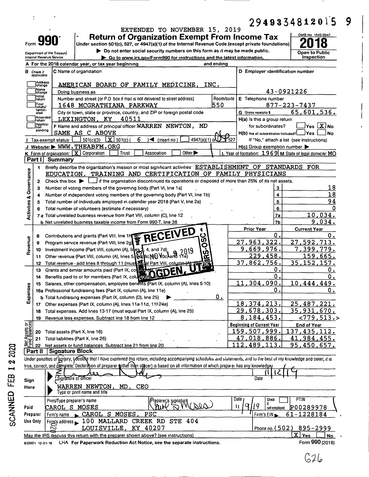 Image of first page of 2018 Form 990O for American Board of Family Medicine (ABFM)