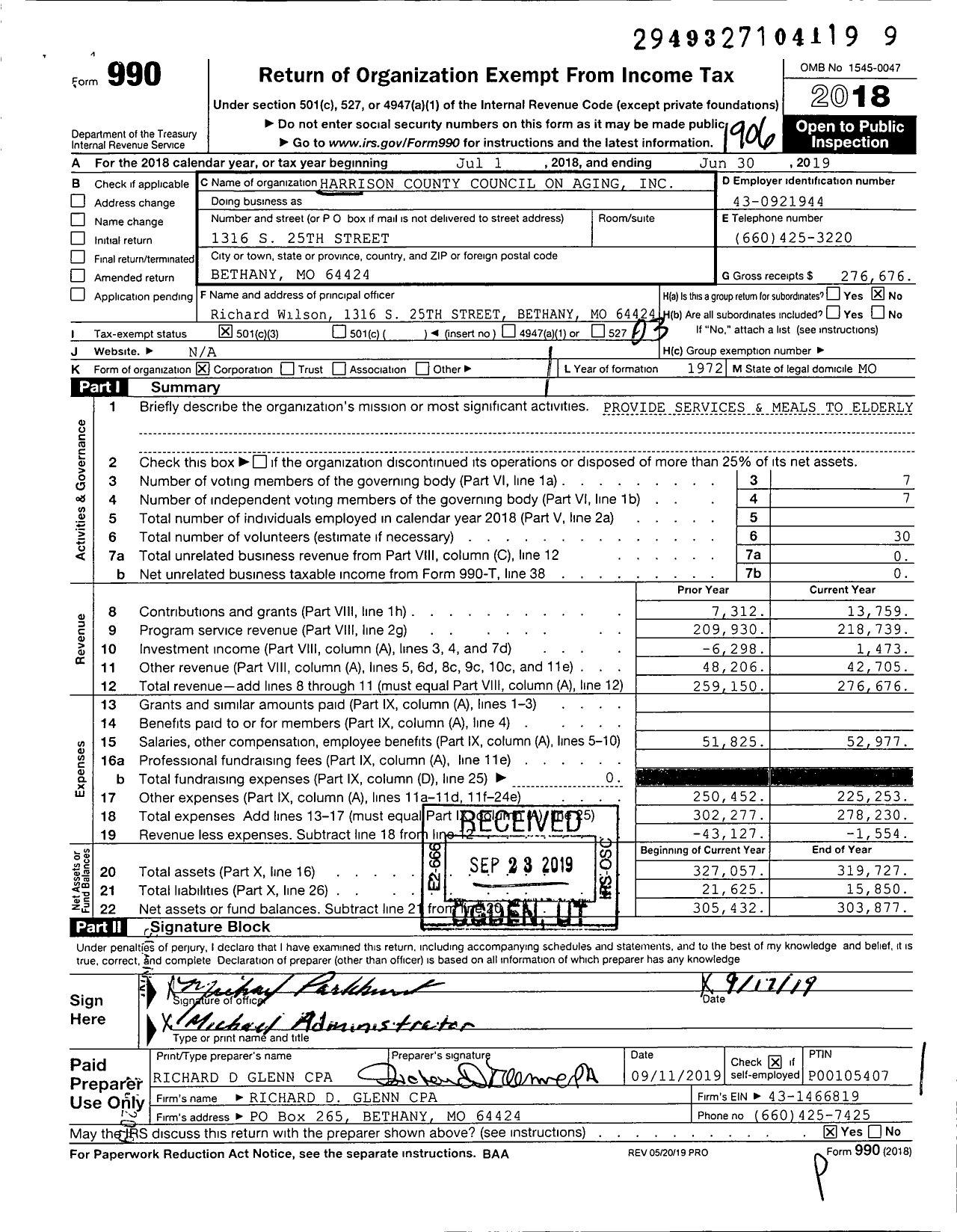 Image of first page of 2018 Form 990 for Harrison County Council on Aging