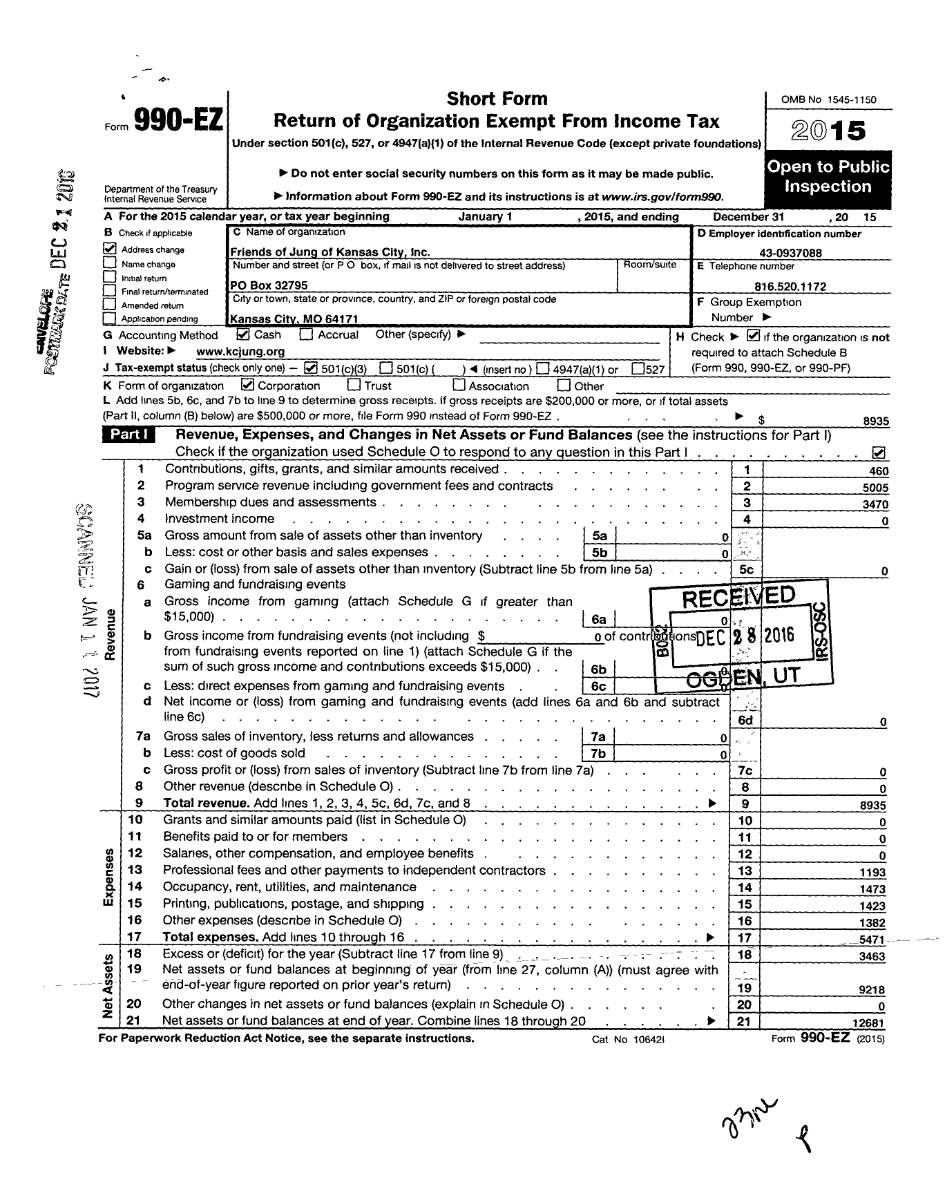 Image of first page of 2015 Form 990EZ for Friends of Jung of Kansas City