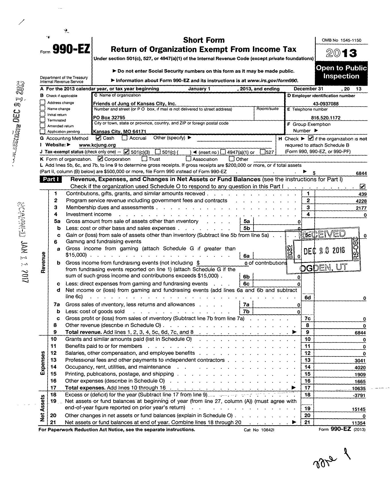 Image of first page of 2013 Form 990EZ for Friends of Jung of Kansas City