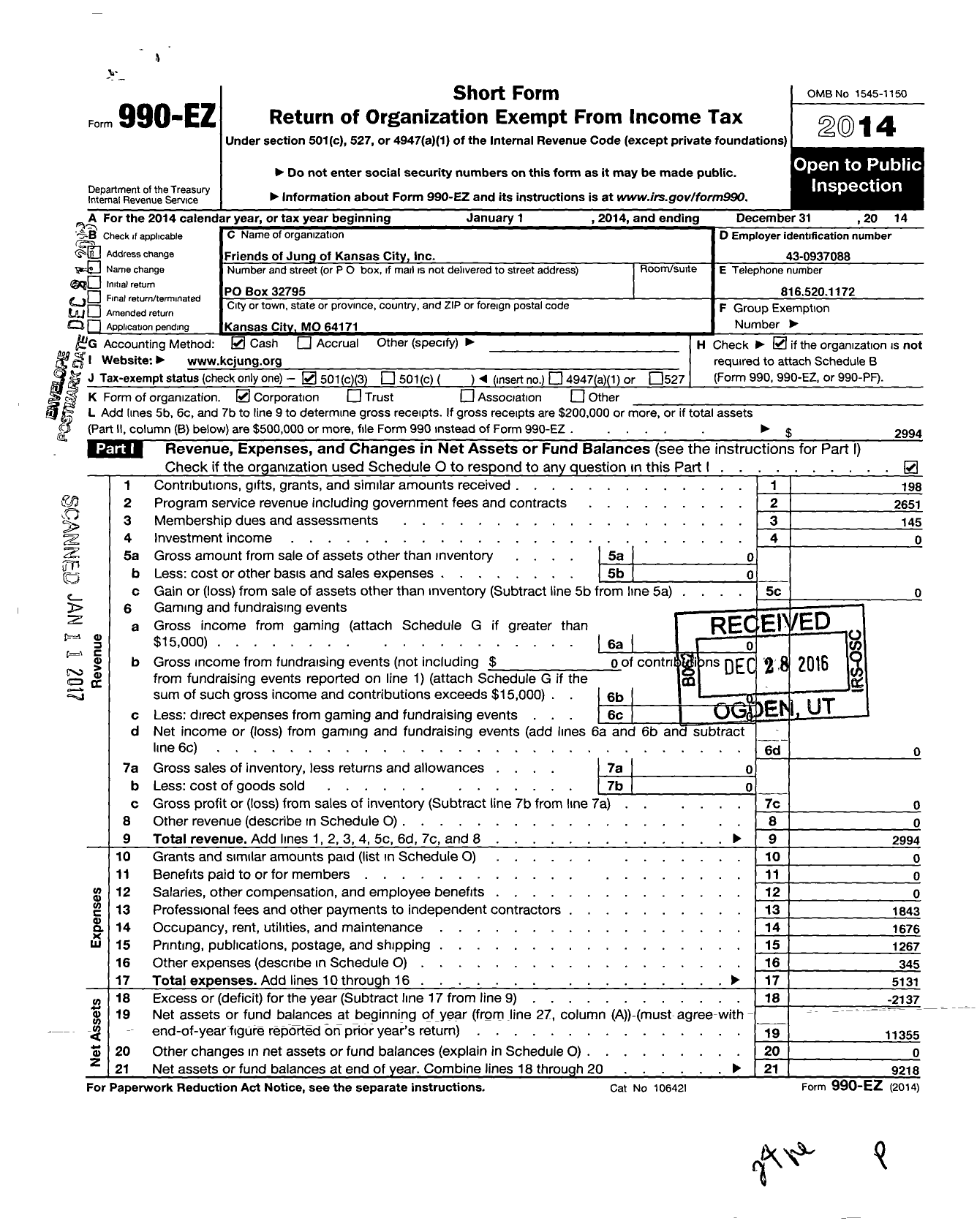 Image of first page of 2014 Form 990EZ for Friends of Jung of Kansas City