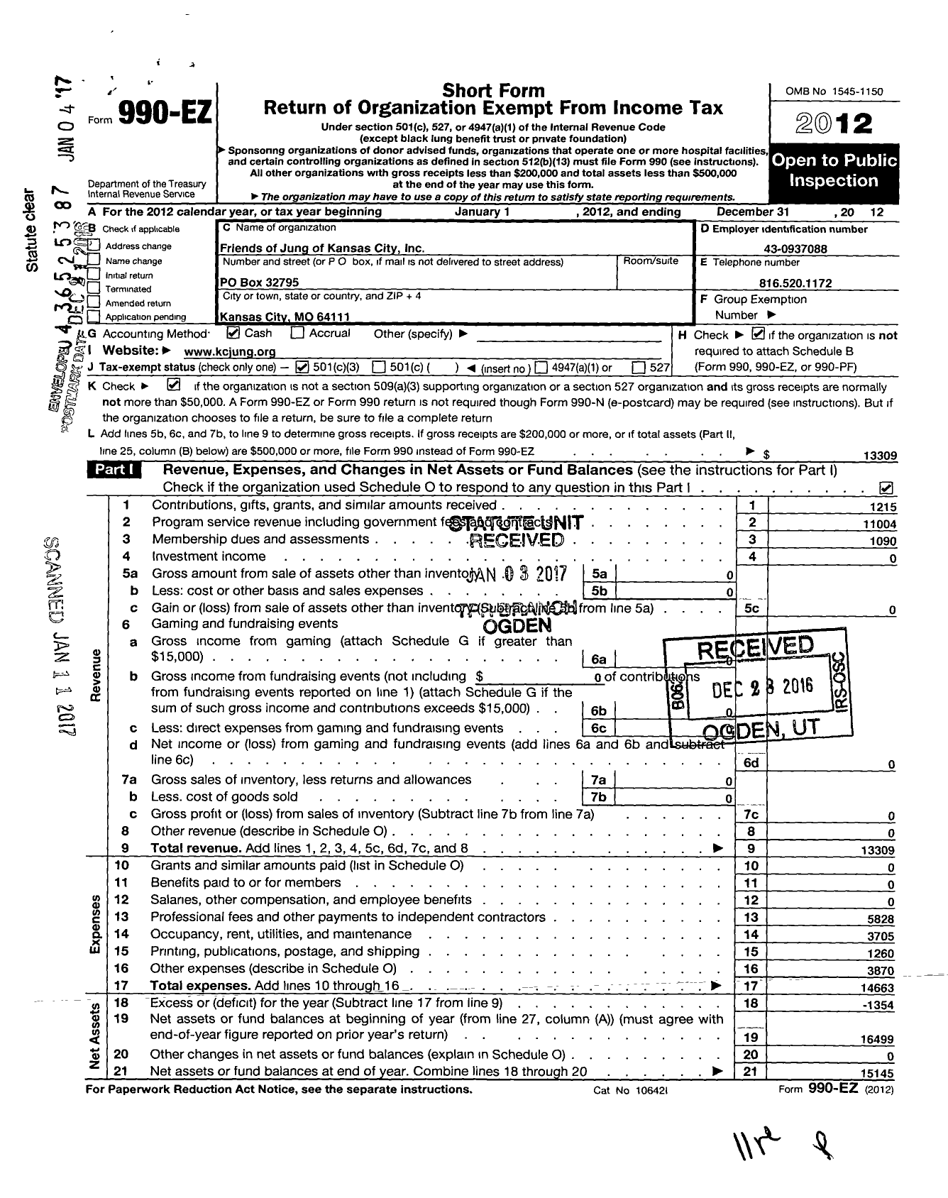 Image of first page of 2012 Form 990EZ for Friends of Jung of Kansas City