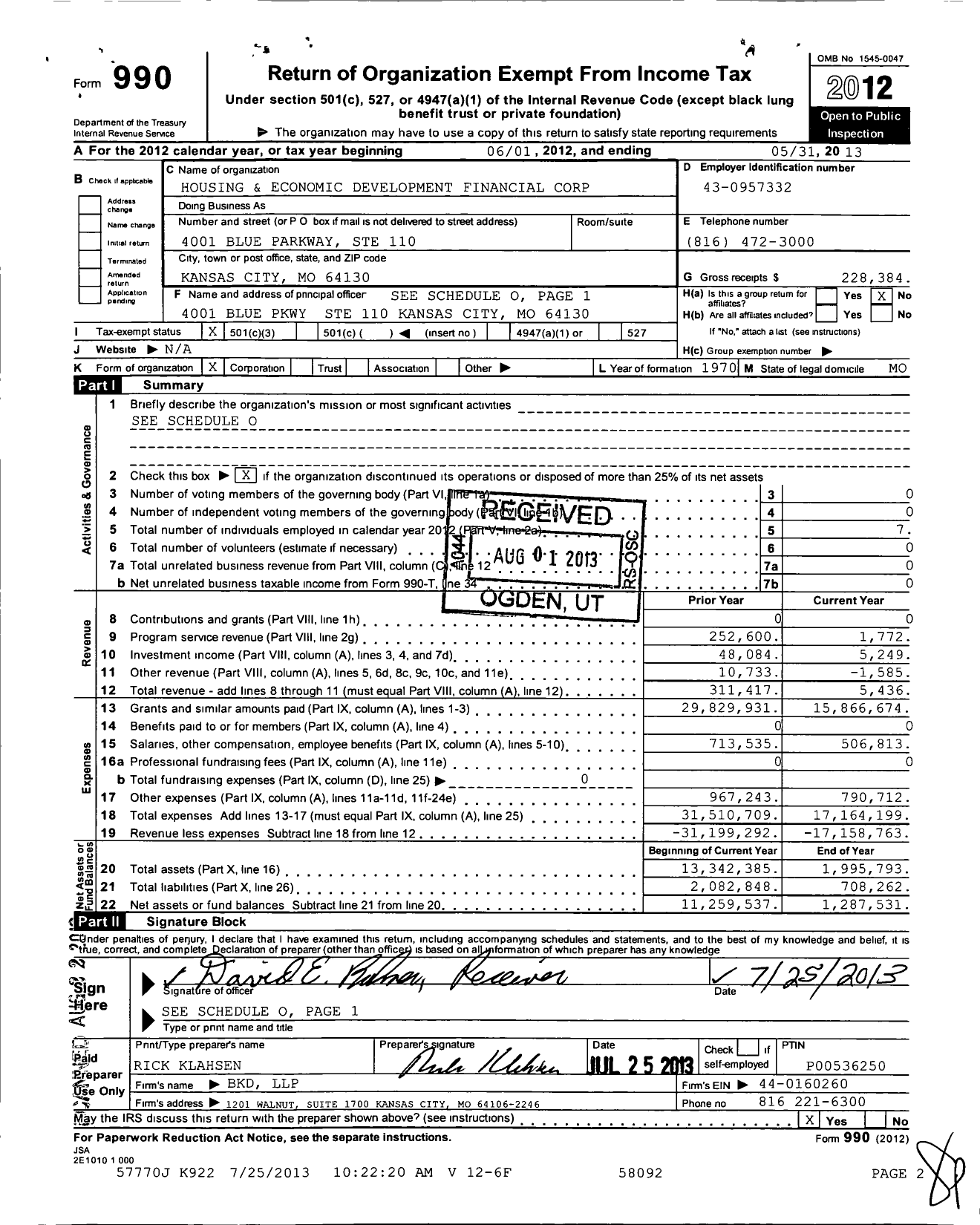 Image of first page of 2012 Form 990 for Housing and Economic Development Financial