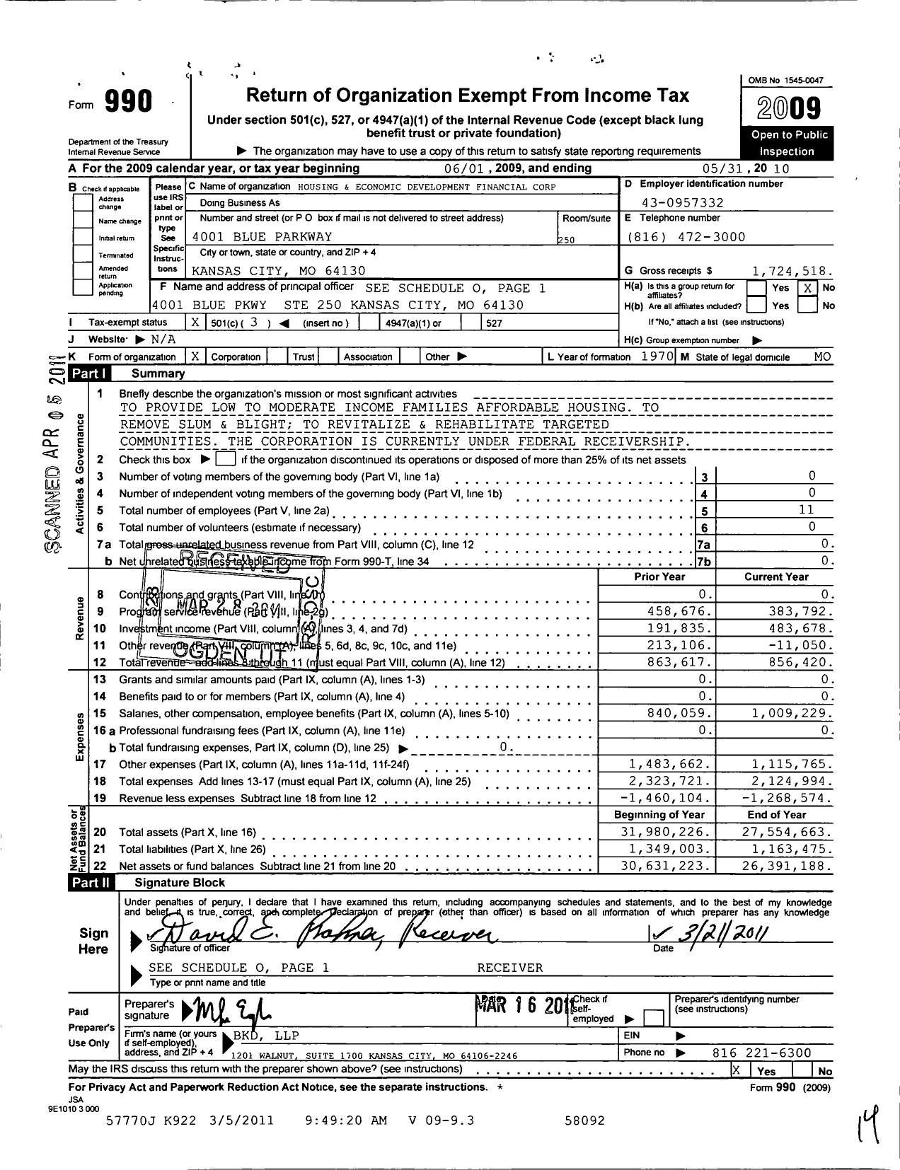Image of first page of 2009 Form 990 for Housing and Economic Development Financial