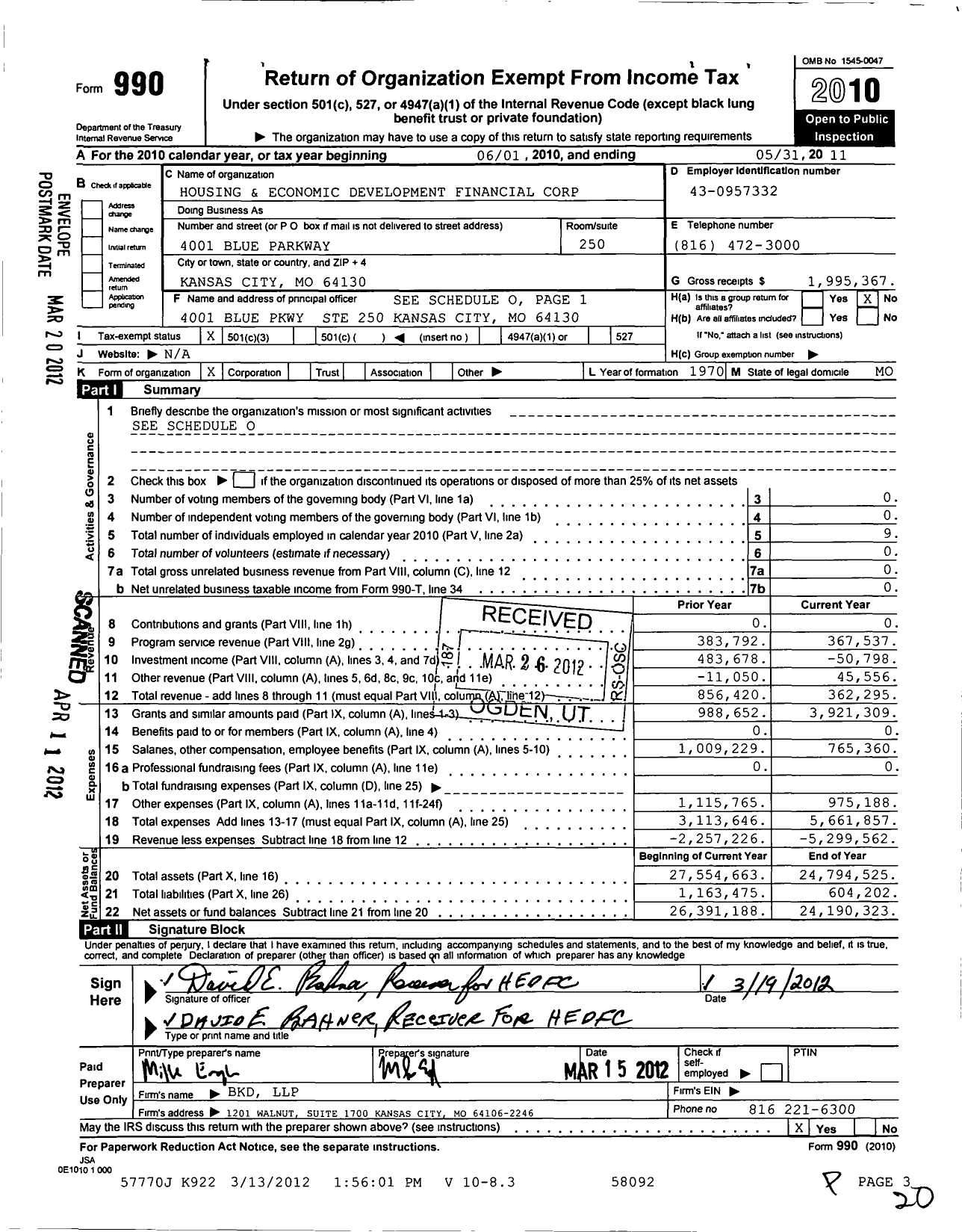 Image of first page of 2010 Form 990 for Housing and Economic Development Financial