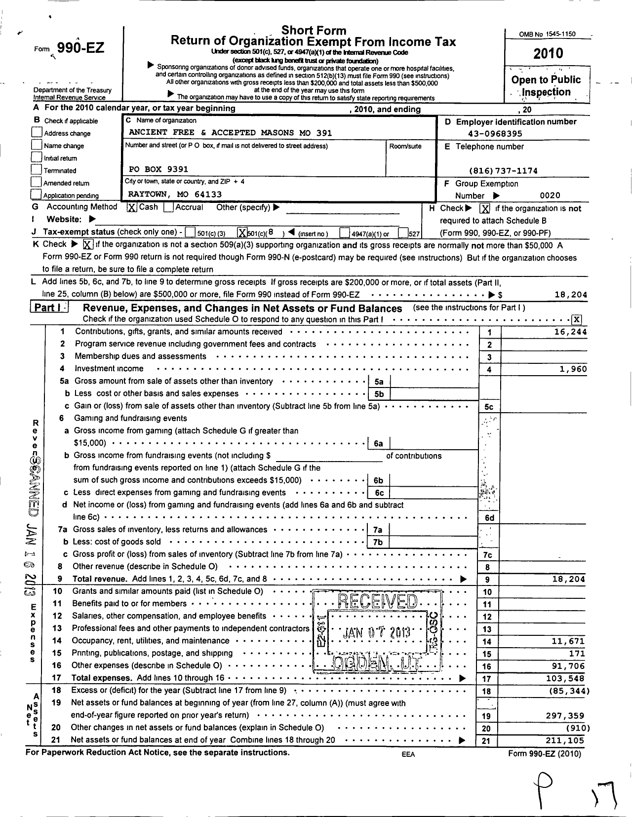 Image of first page of 2010 Form 990EO for Ancient Free and Accepted Masons of Missouri - 391 Raytown Lodge