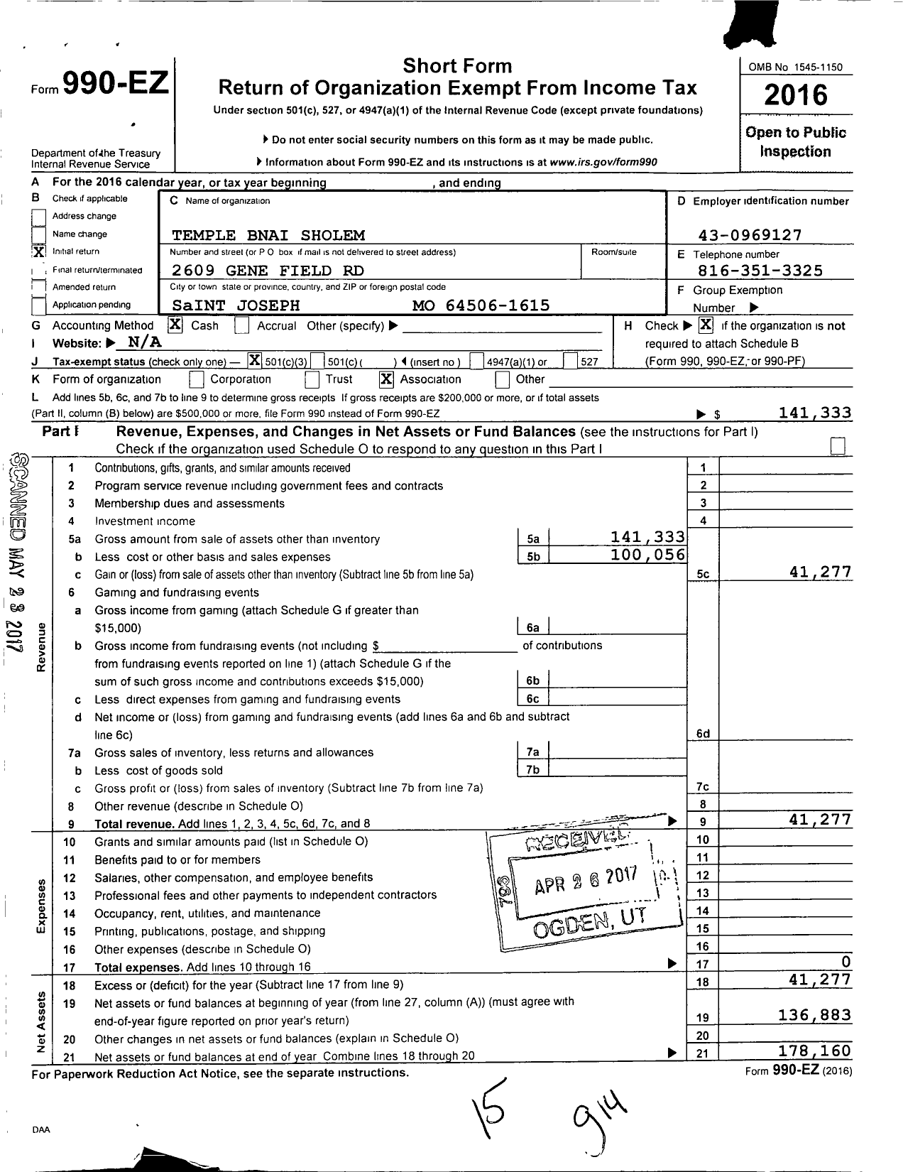 Image of first page of 2016 Form 990EZ for Temple Bnai Sholem