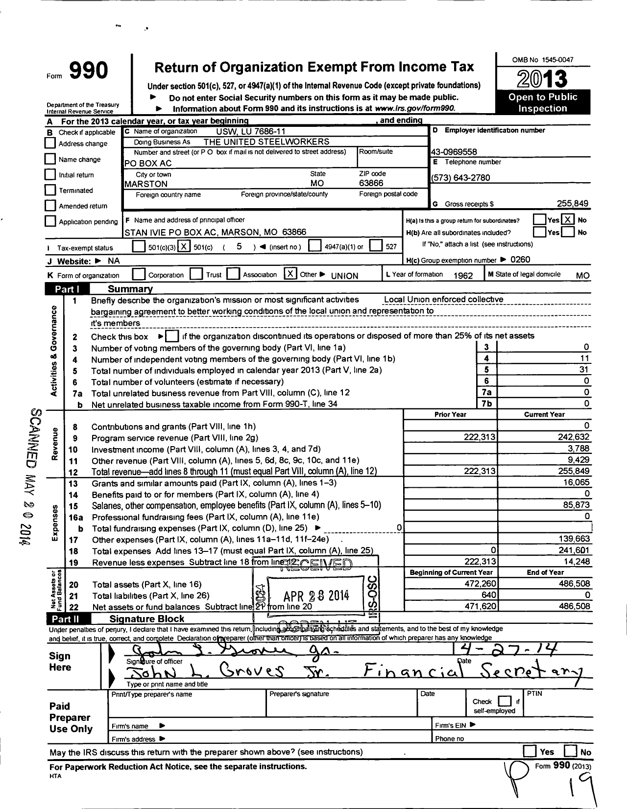 Image of first page of 2013 Form 990O for United Steelworkers