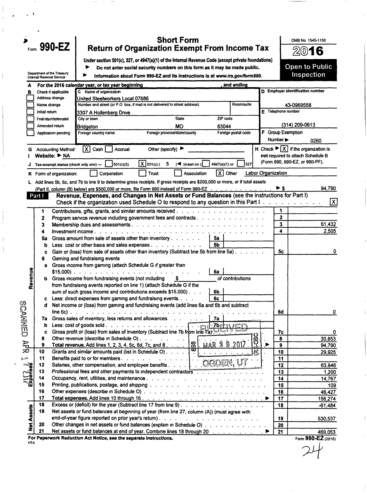 Image of first page of 2016 Form 990EO for United Steelworkers