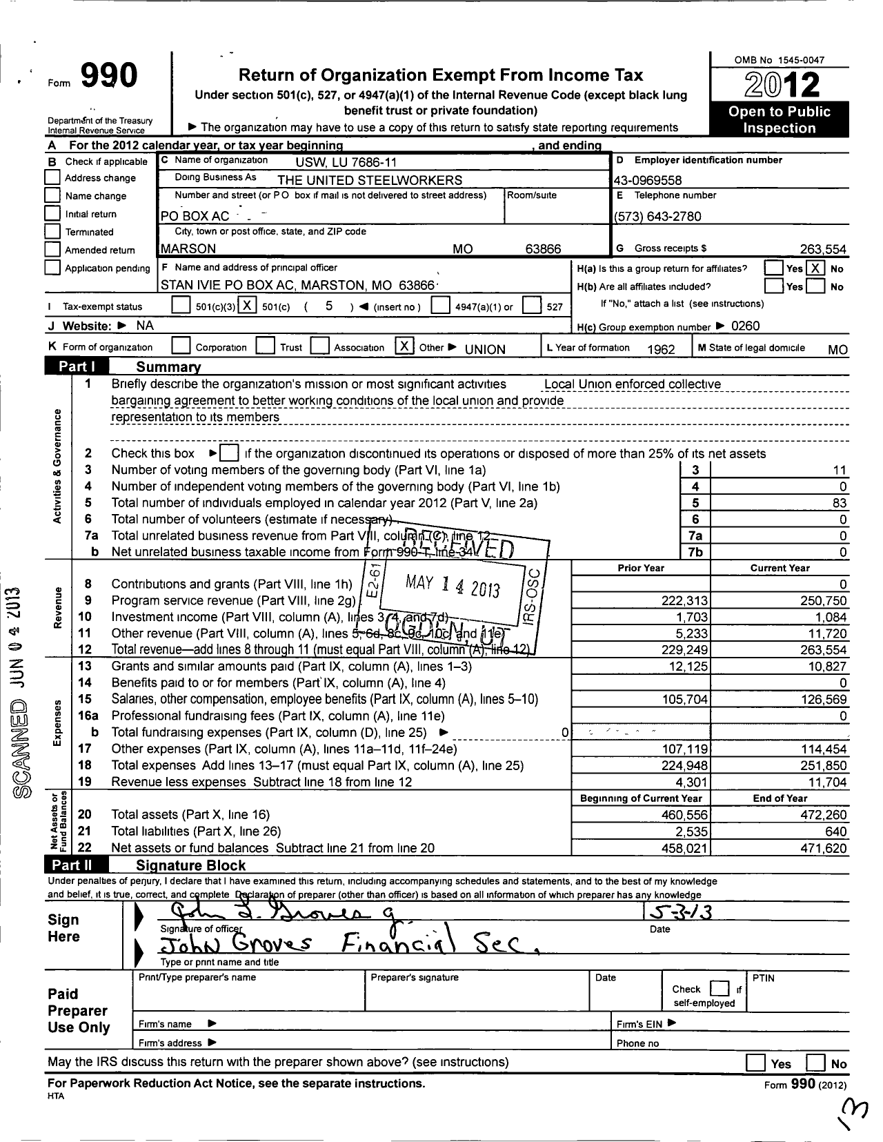 Image of first page of 2012 Form 990O for United Steelworkers