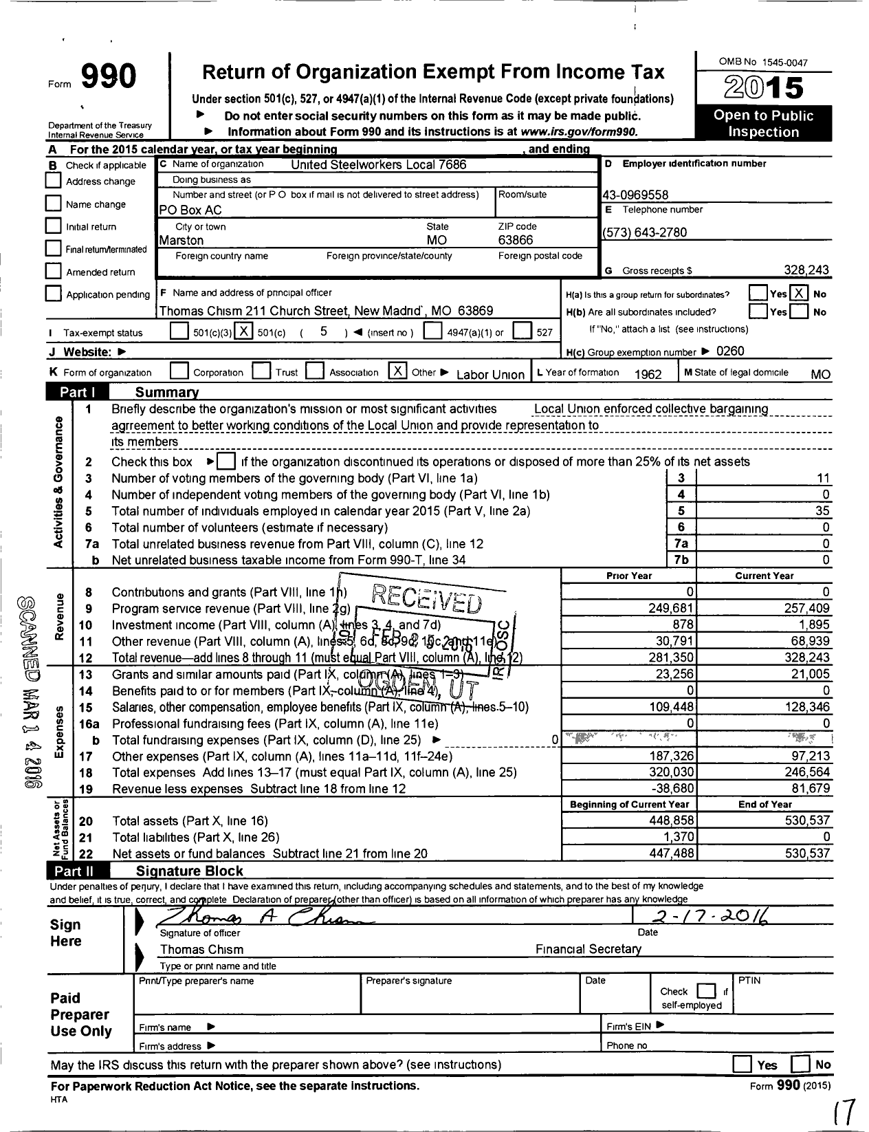 Image of first page of 2015 Form 990O for United Steelworkers