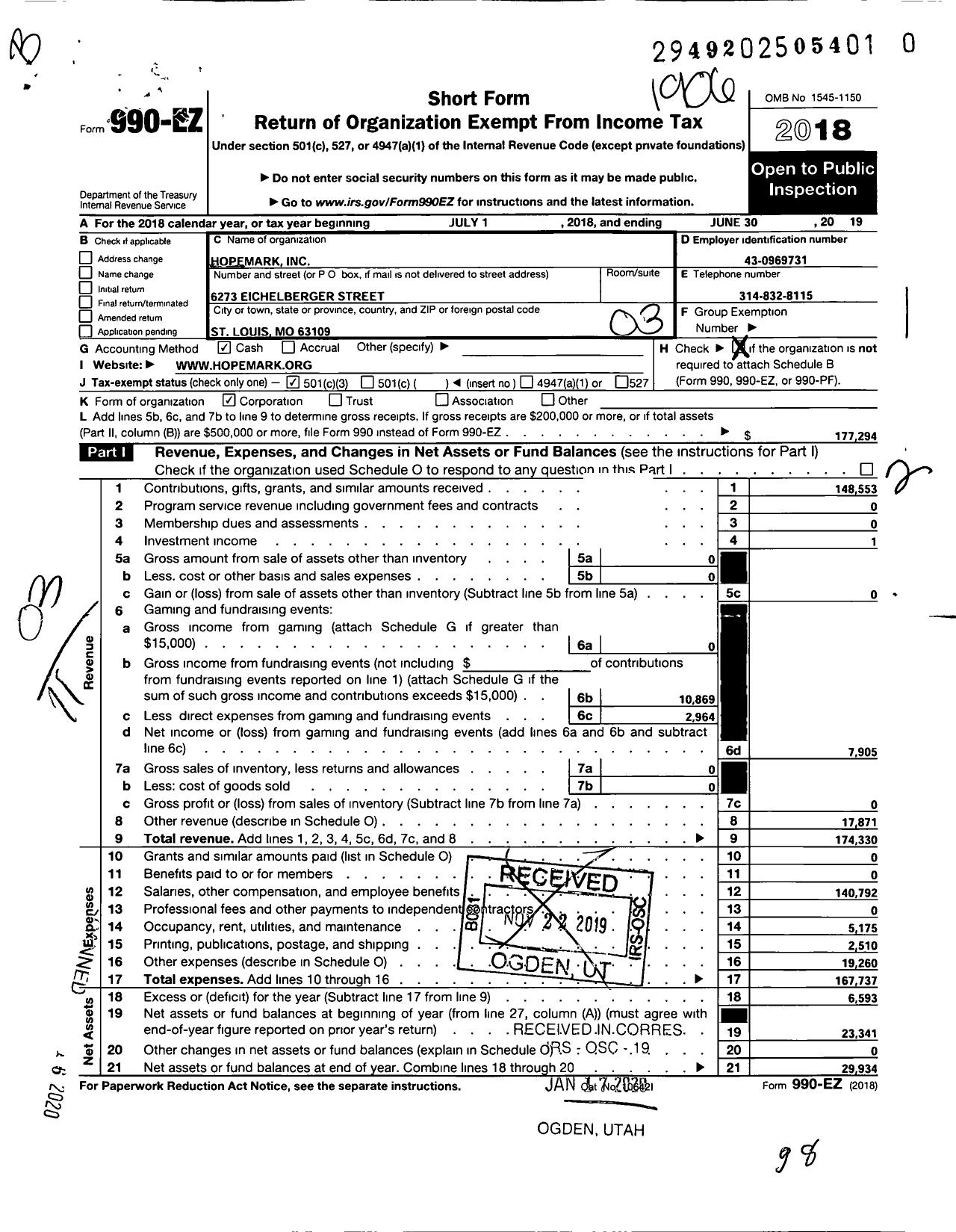 Image of first page of 2018 Form 990EZ for Hopemark Preschool