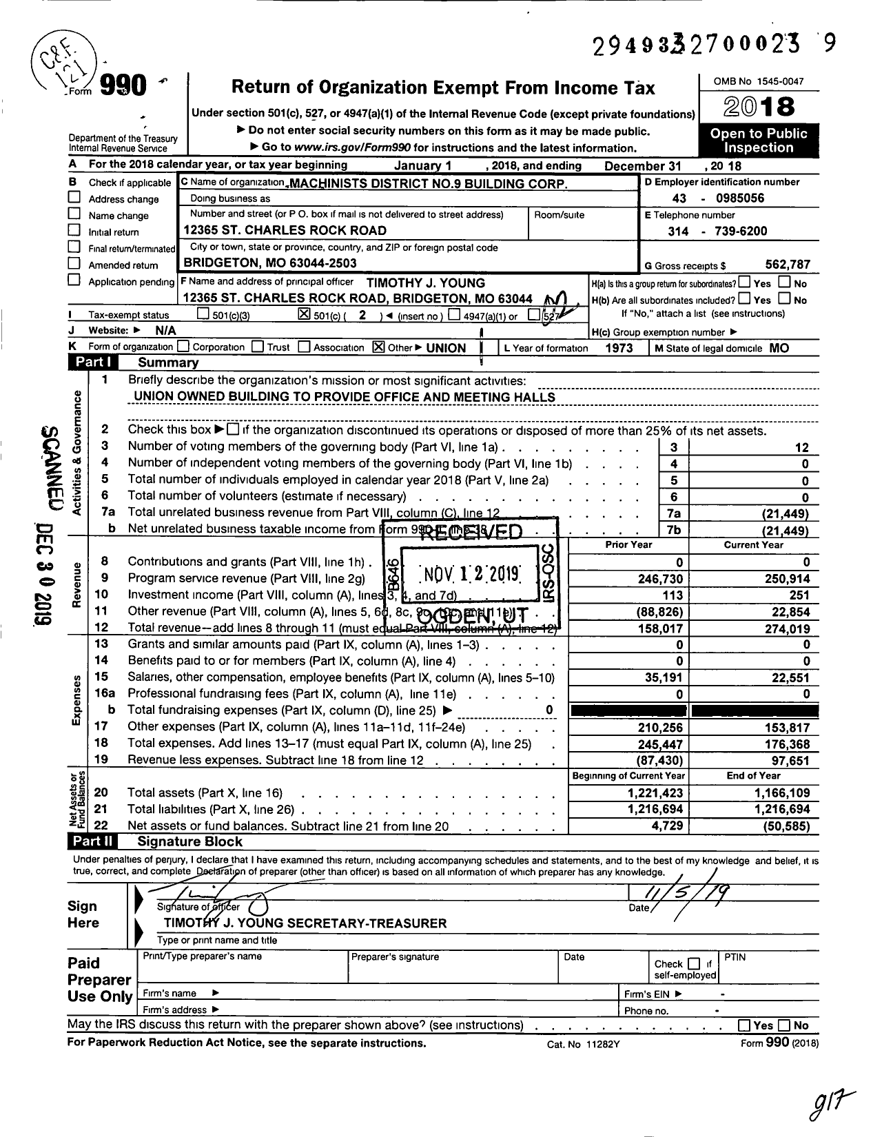 Image of first page of 2018 Form 990O for District 9 Building Corporation