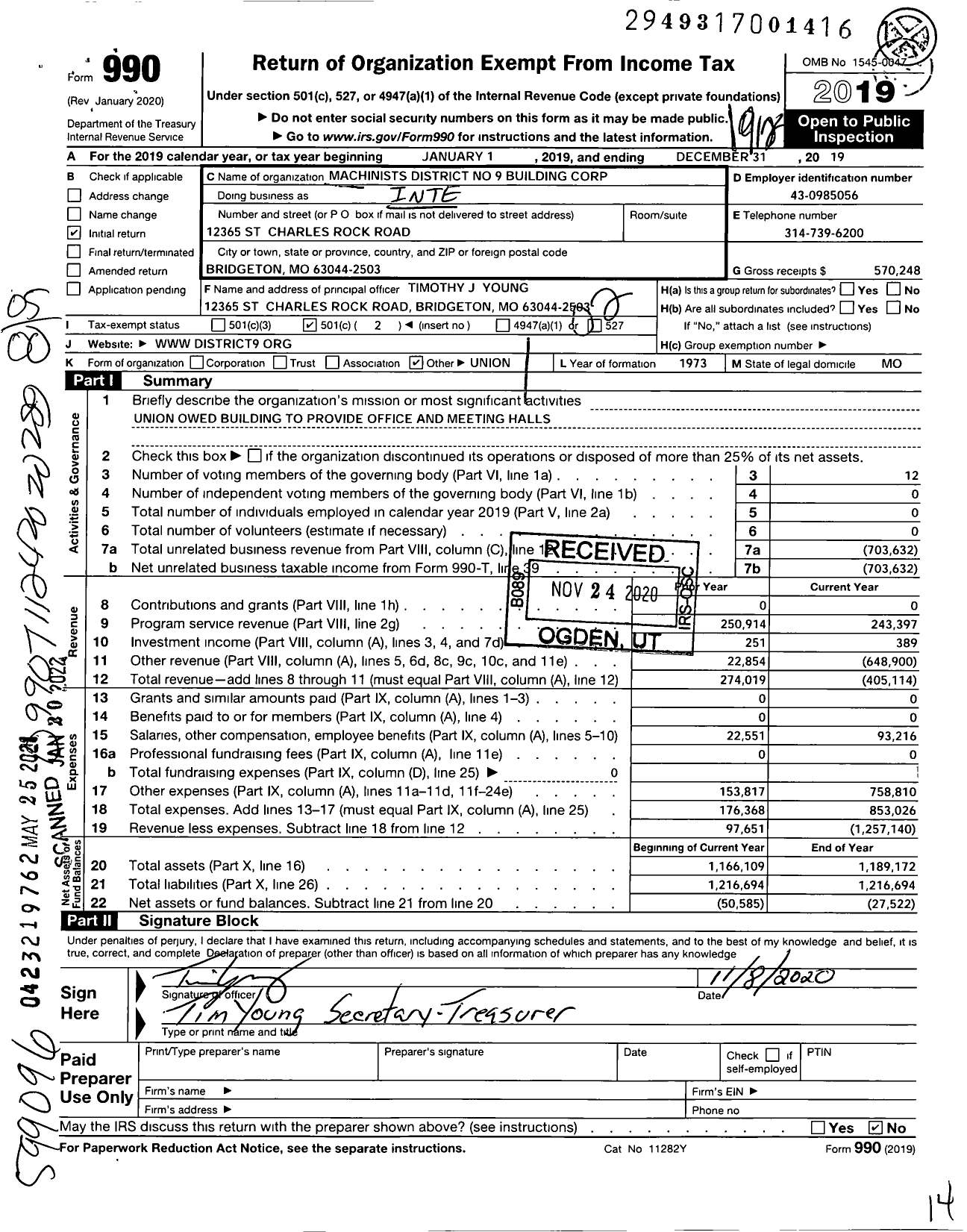 Image of first page of 2019 Form 990O for District 9 Building Corporation