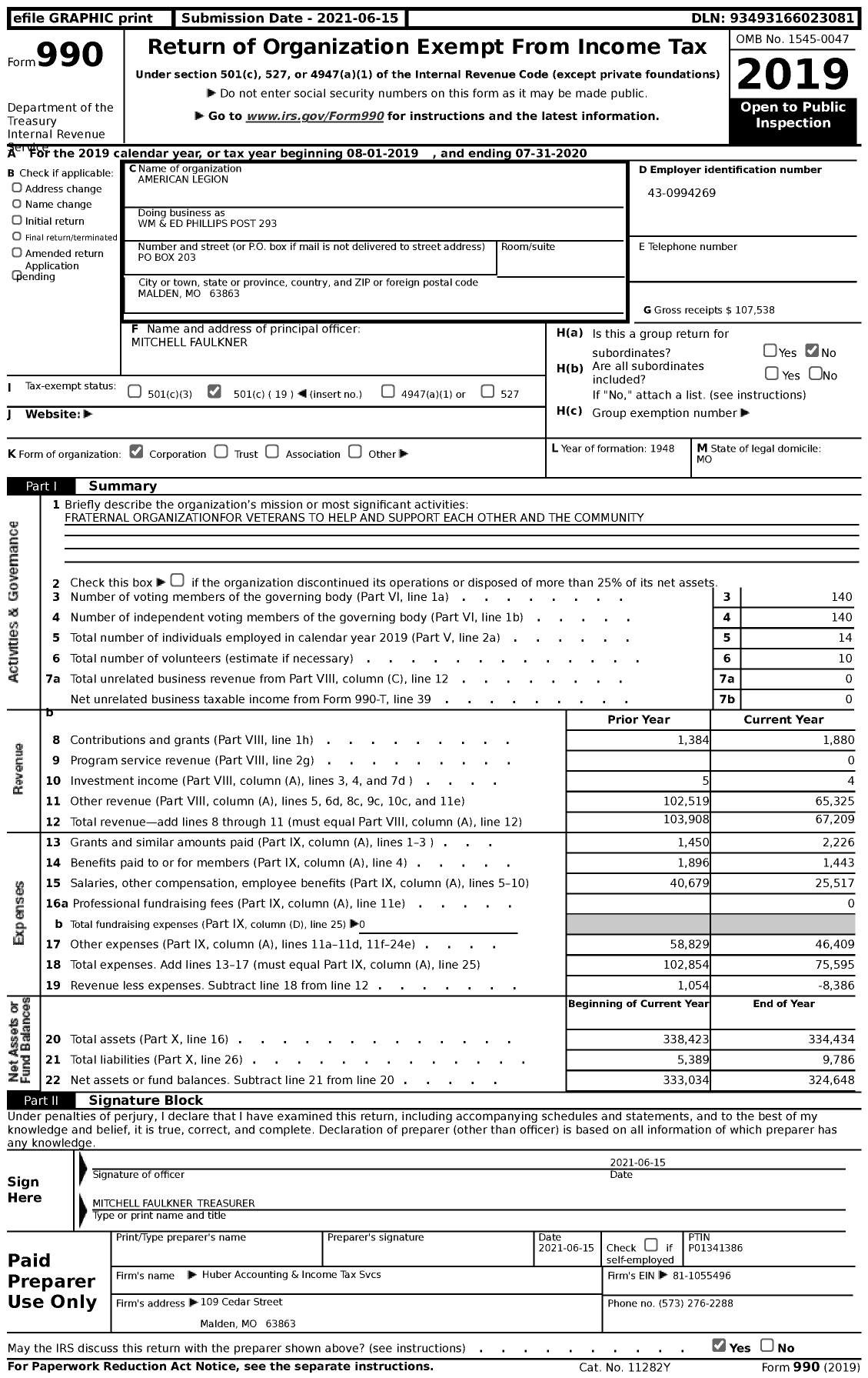 Image of first page of 2019 Form 990 for American Legion WM and Ed Phillips Post 293