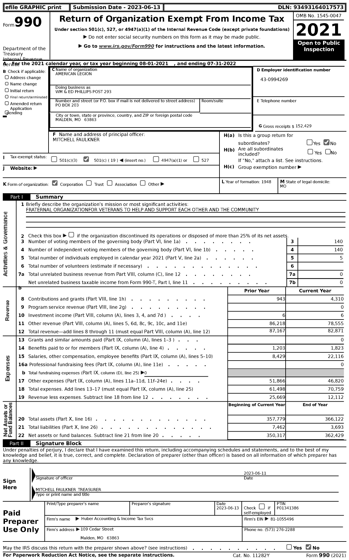 Image of first page of 2021 Form 990 for American Legion WM and Ed Phillips Post 293