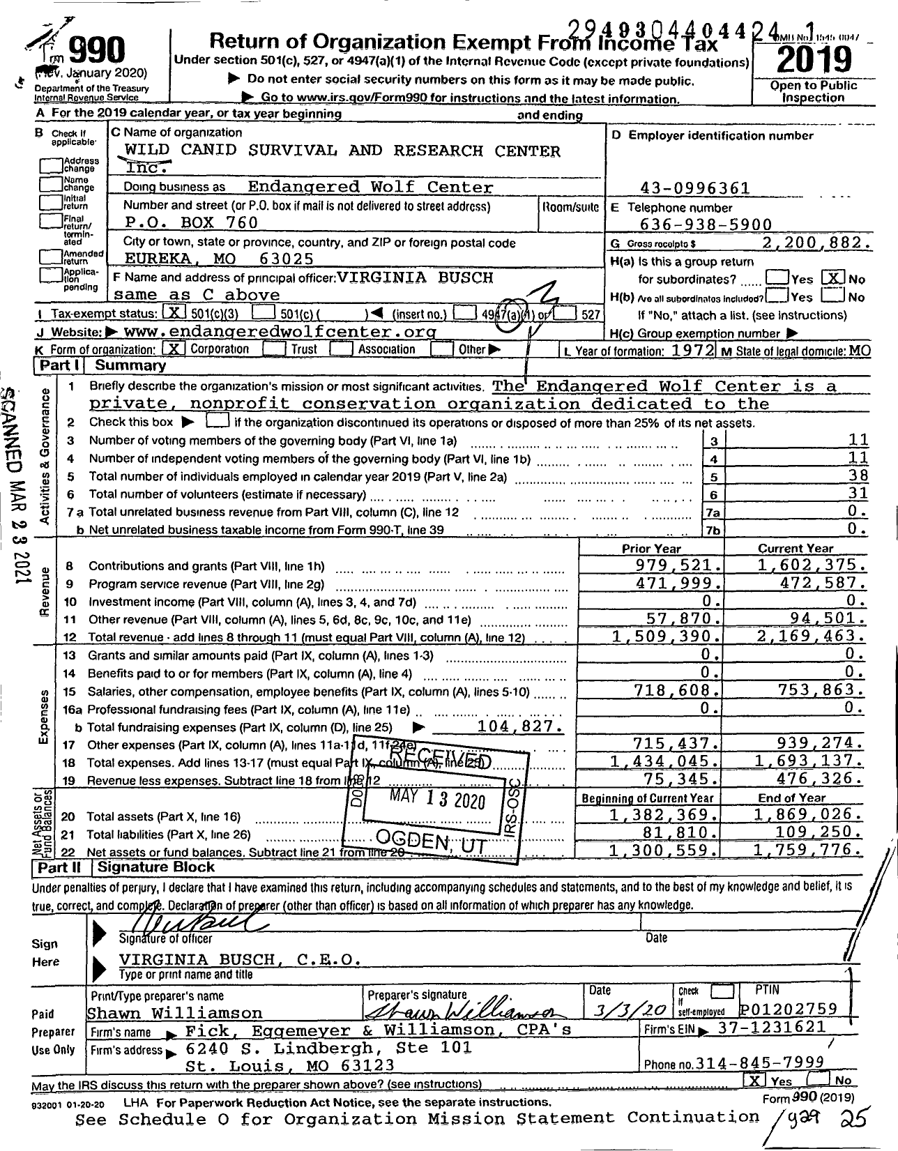 Image of first page of 2019 Form 990 for Endangered Wolf CENTER
