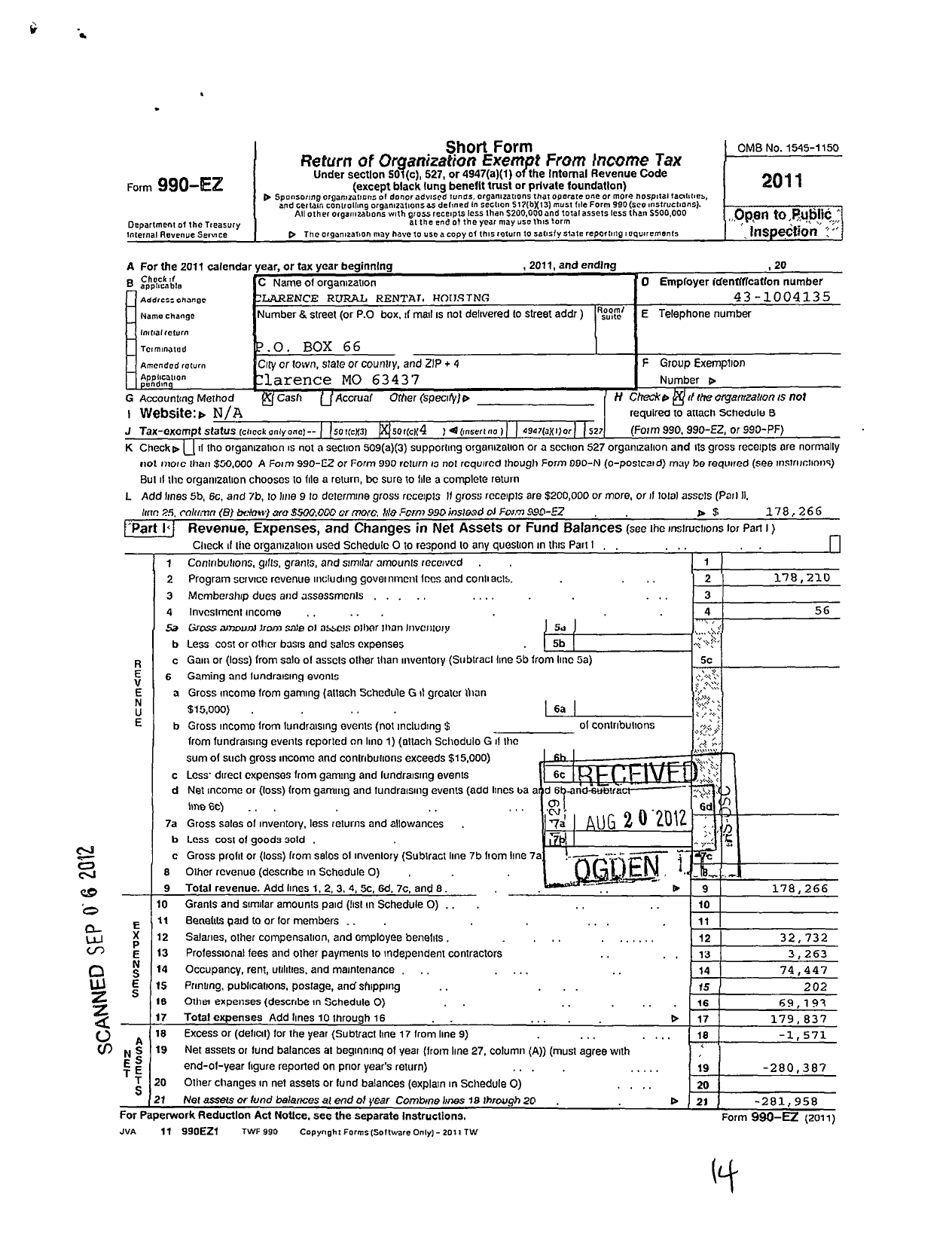 Image of first page of 2011 Form 990EO for Clarence Rural Rental Housing