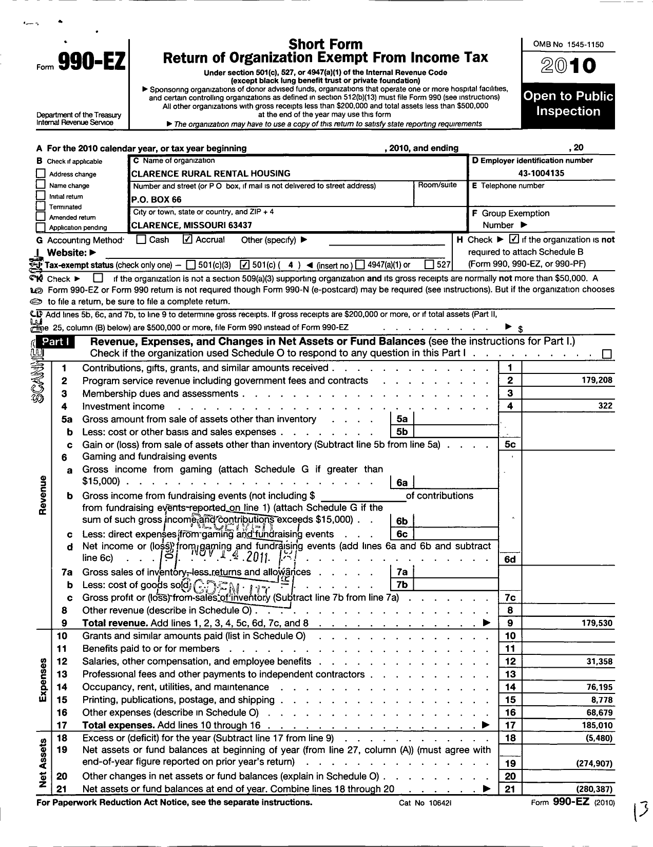 Image of first page of 2010 Form 990EO for Clarence Rural Rental Housing