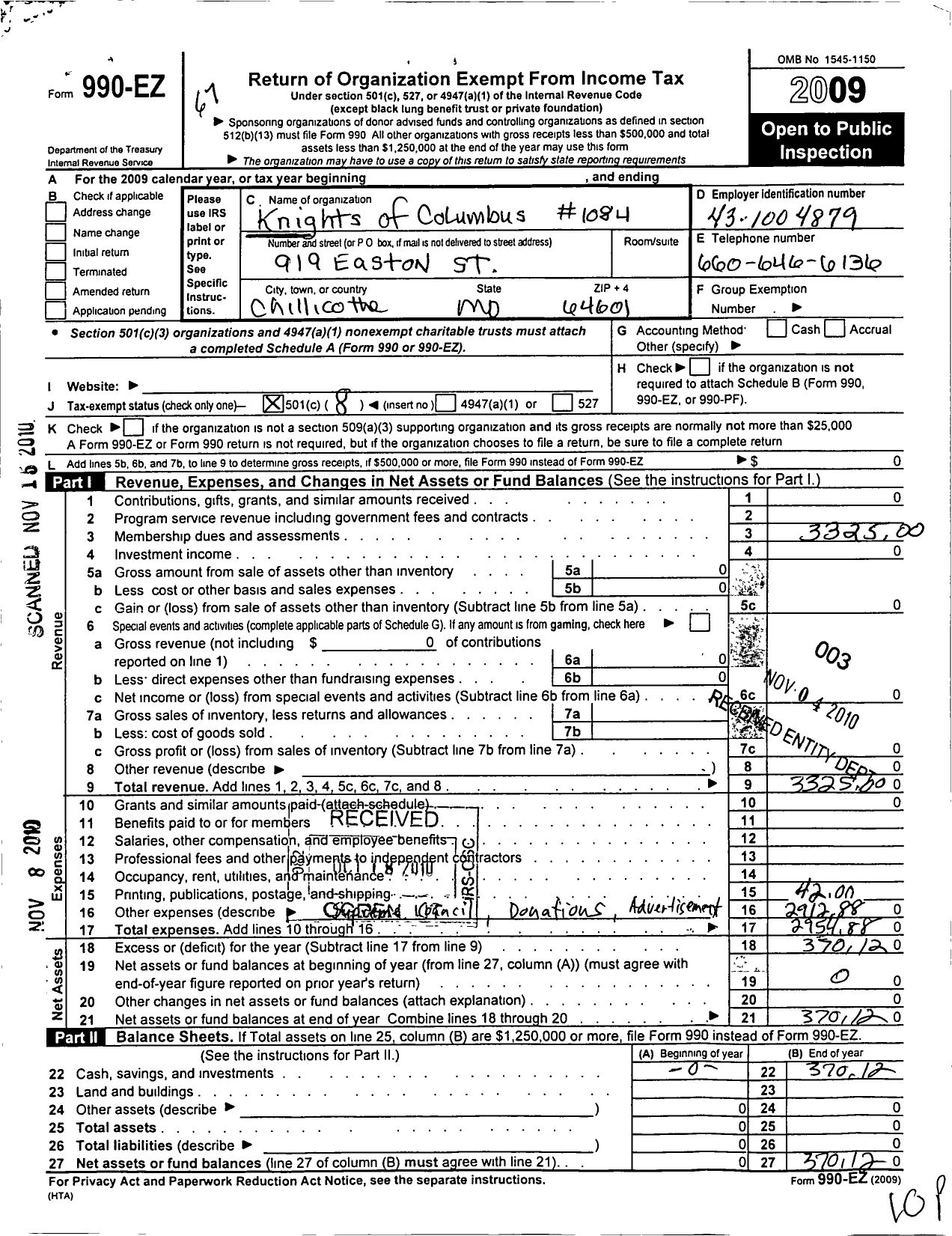 Image of first page of 2009 Form 990EO for Knights of Columbus - 1084 Chillicothe