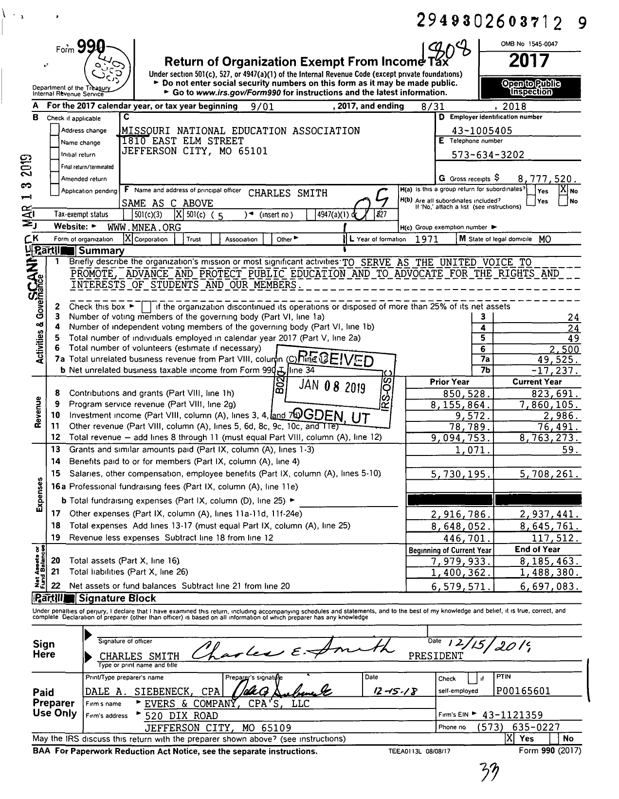 Image of first page of 2017 Form 990O for Missouri National Education Association / Missouri Nea