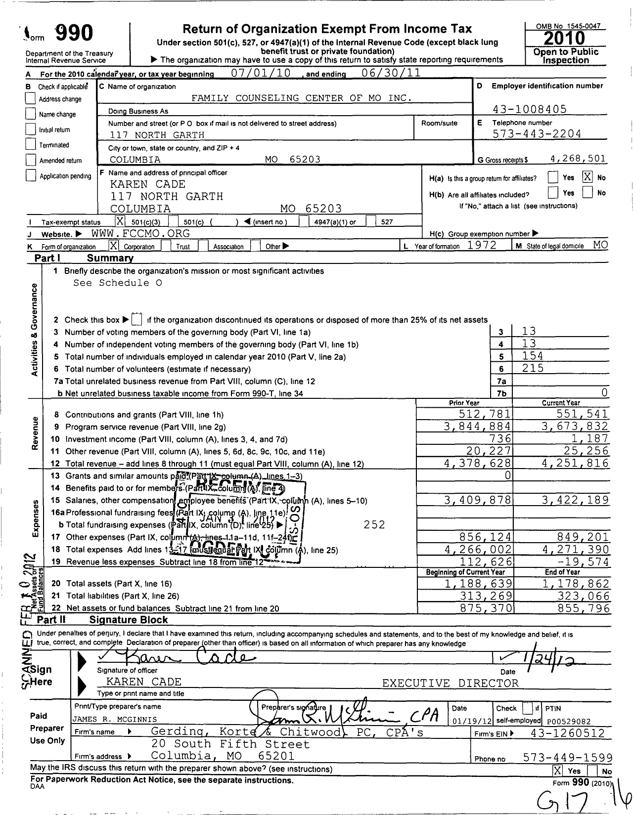 Image of first page of 2010 Form 990 for Family Counseling Center of Missouri