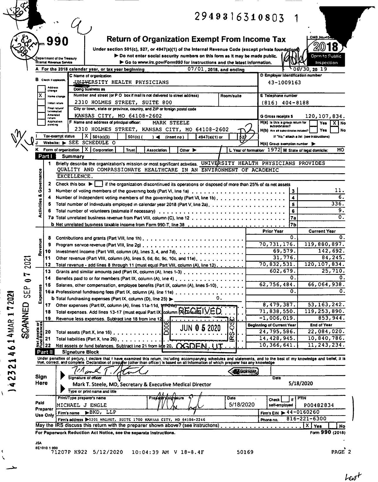 Image of first page of 2018 Form 990 for University Health Physicians