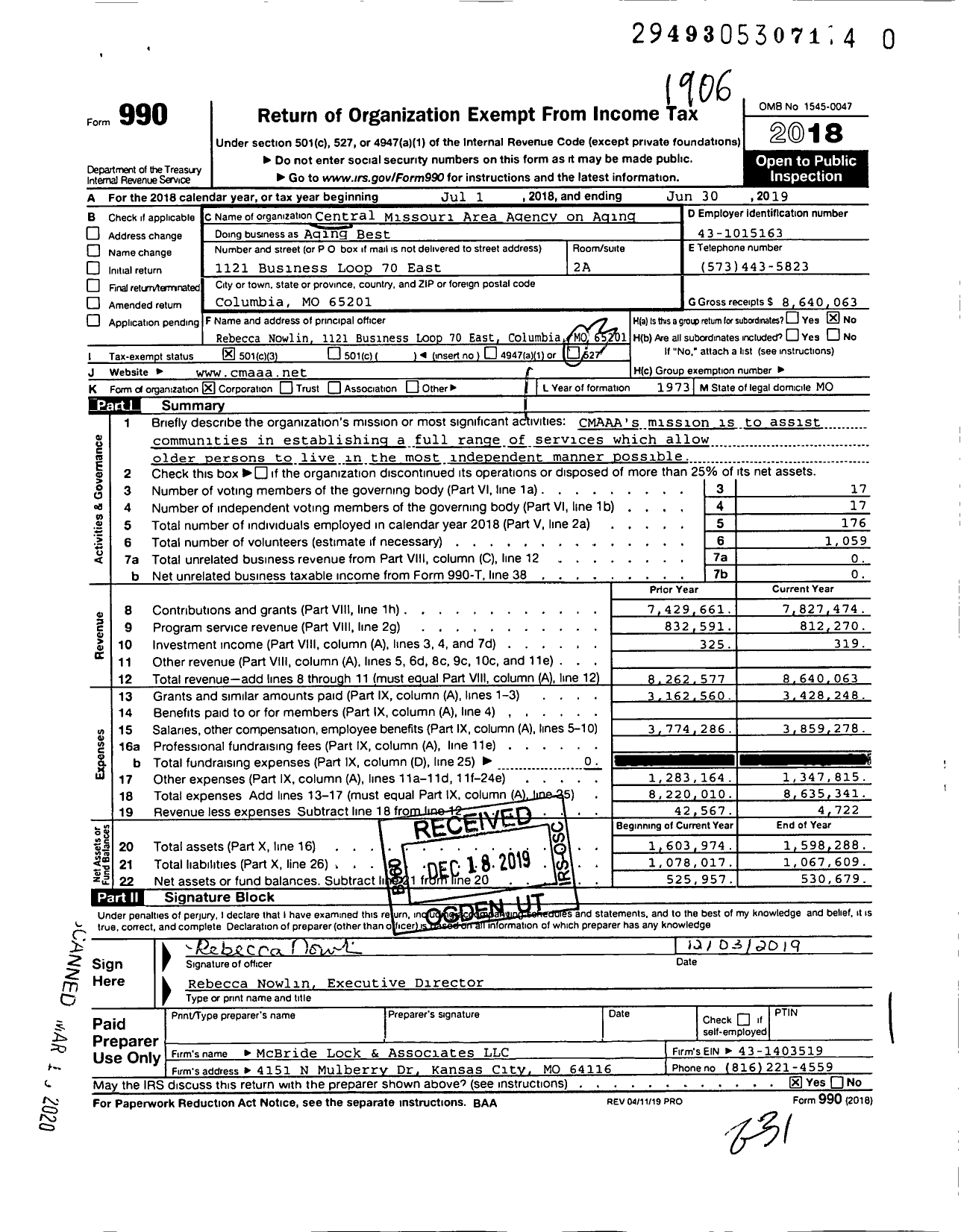 Image of first page of 2018 Form 990 for Aging Best