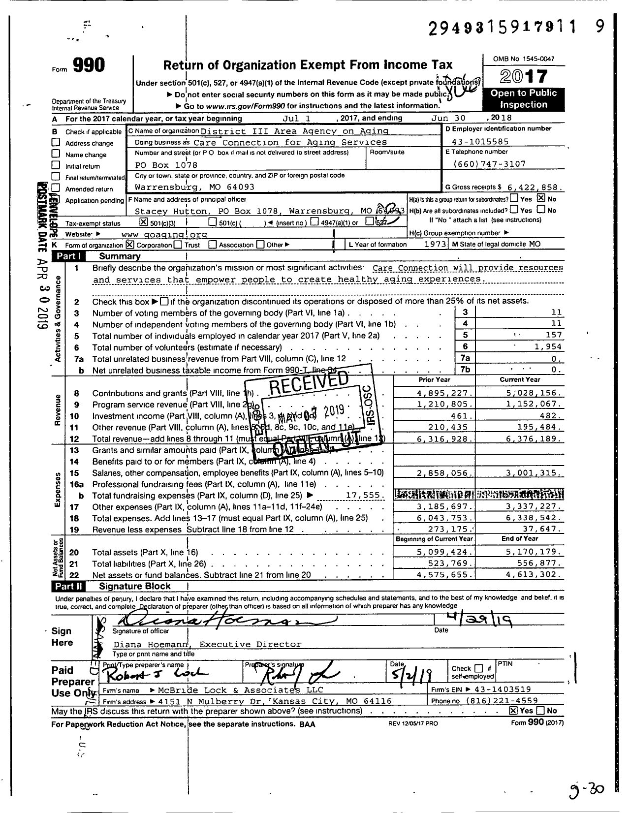Image of first page of 2017 Form 990 for Care Connection for Aging Services