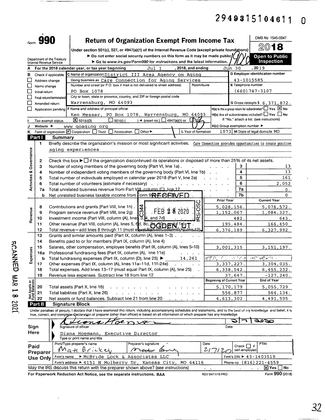Image of first page of 2018 Form 990 for Care Connection for Aging Services