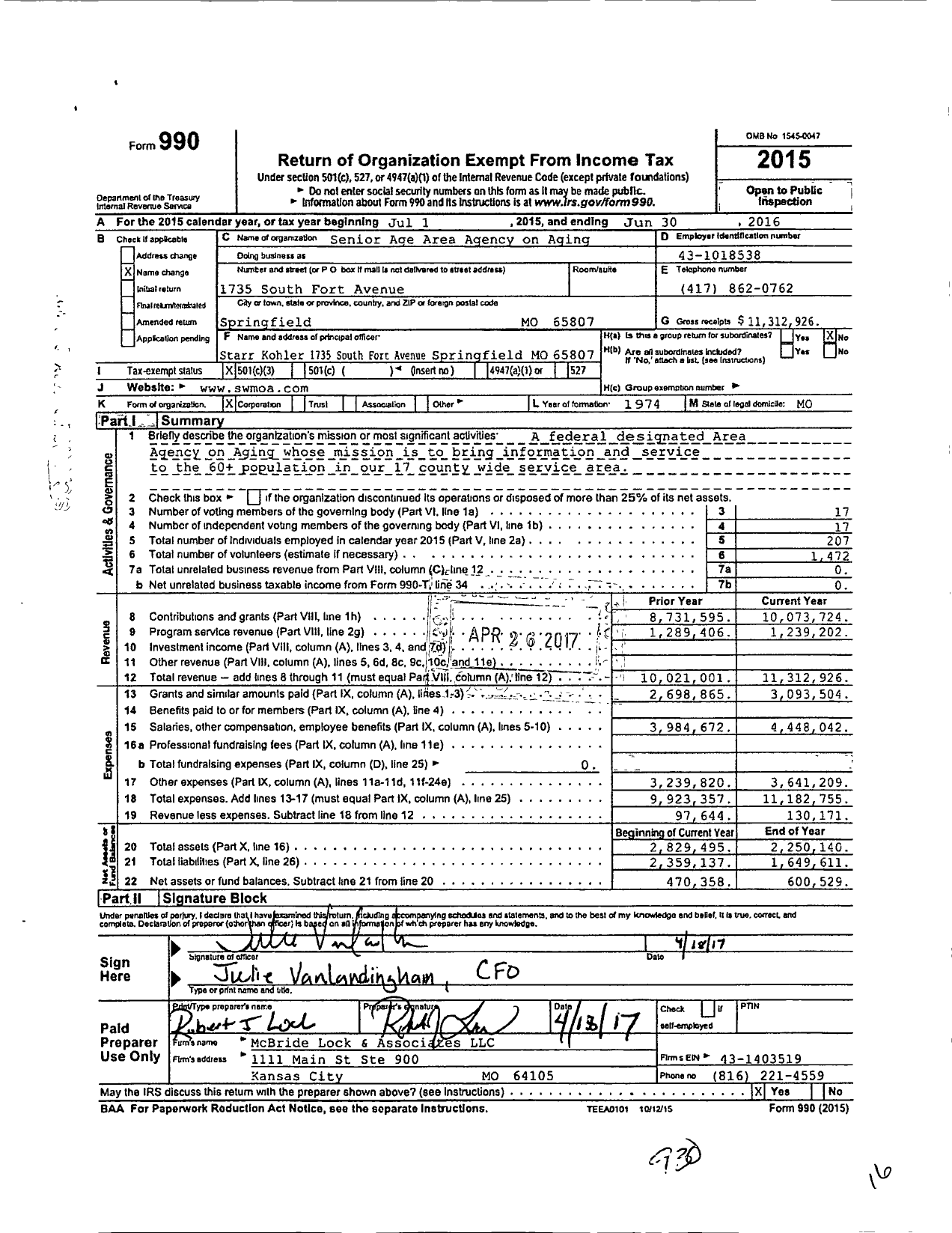 Image of first page of 2015 Form 990 for Seniorage Area Agency on Aging