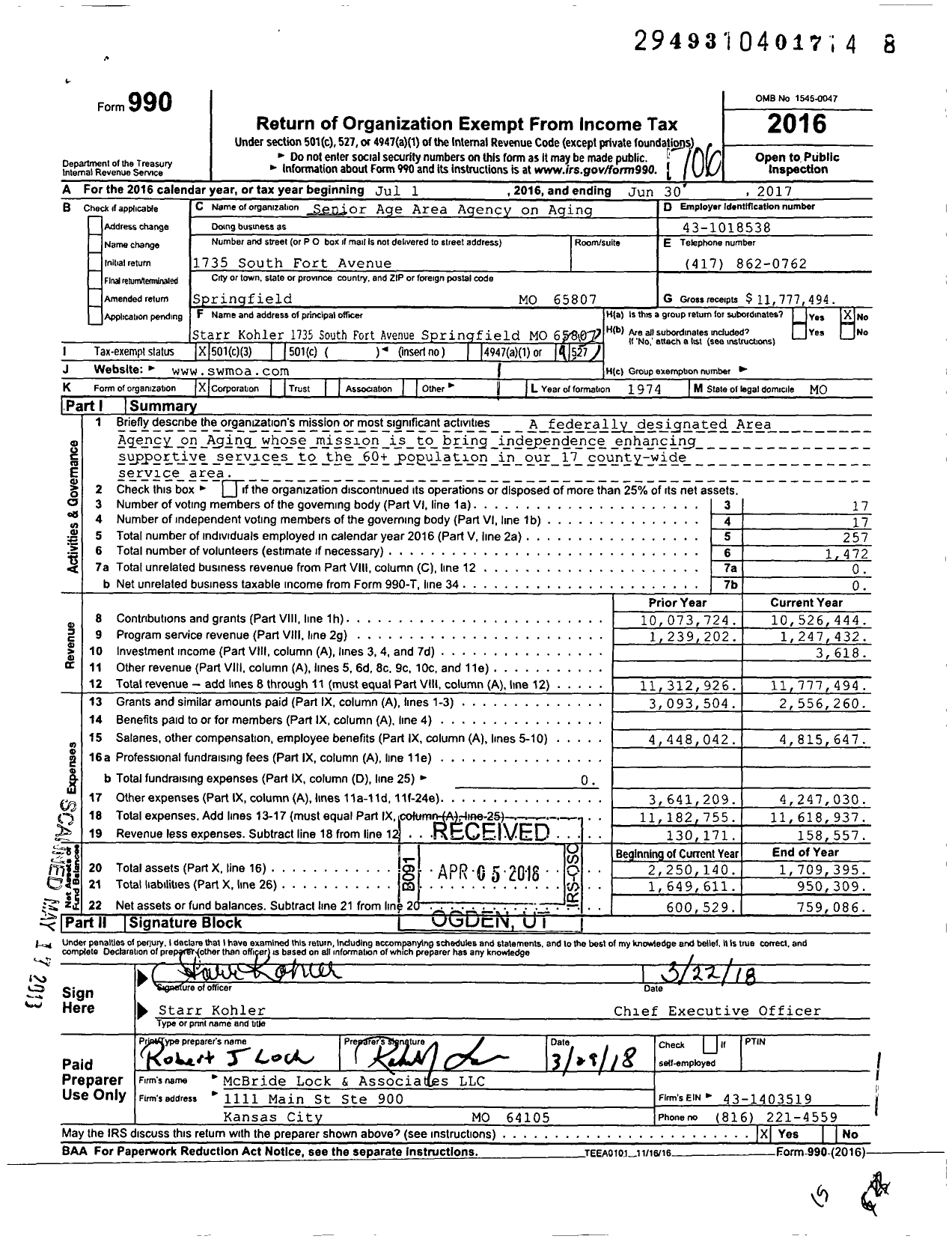 Image of first page of 2016 Form 990 for Seniorage Area Agency on Aging