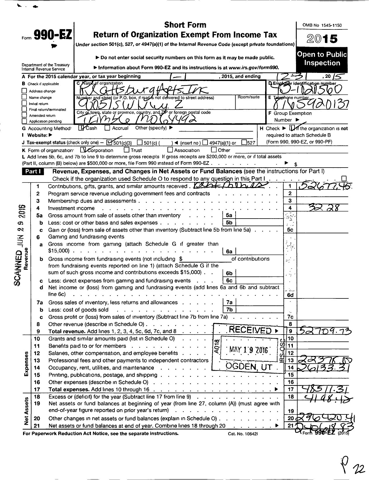 Image of first page of 2015 Form 990EZ for Plattsburg Apartments